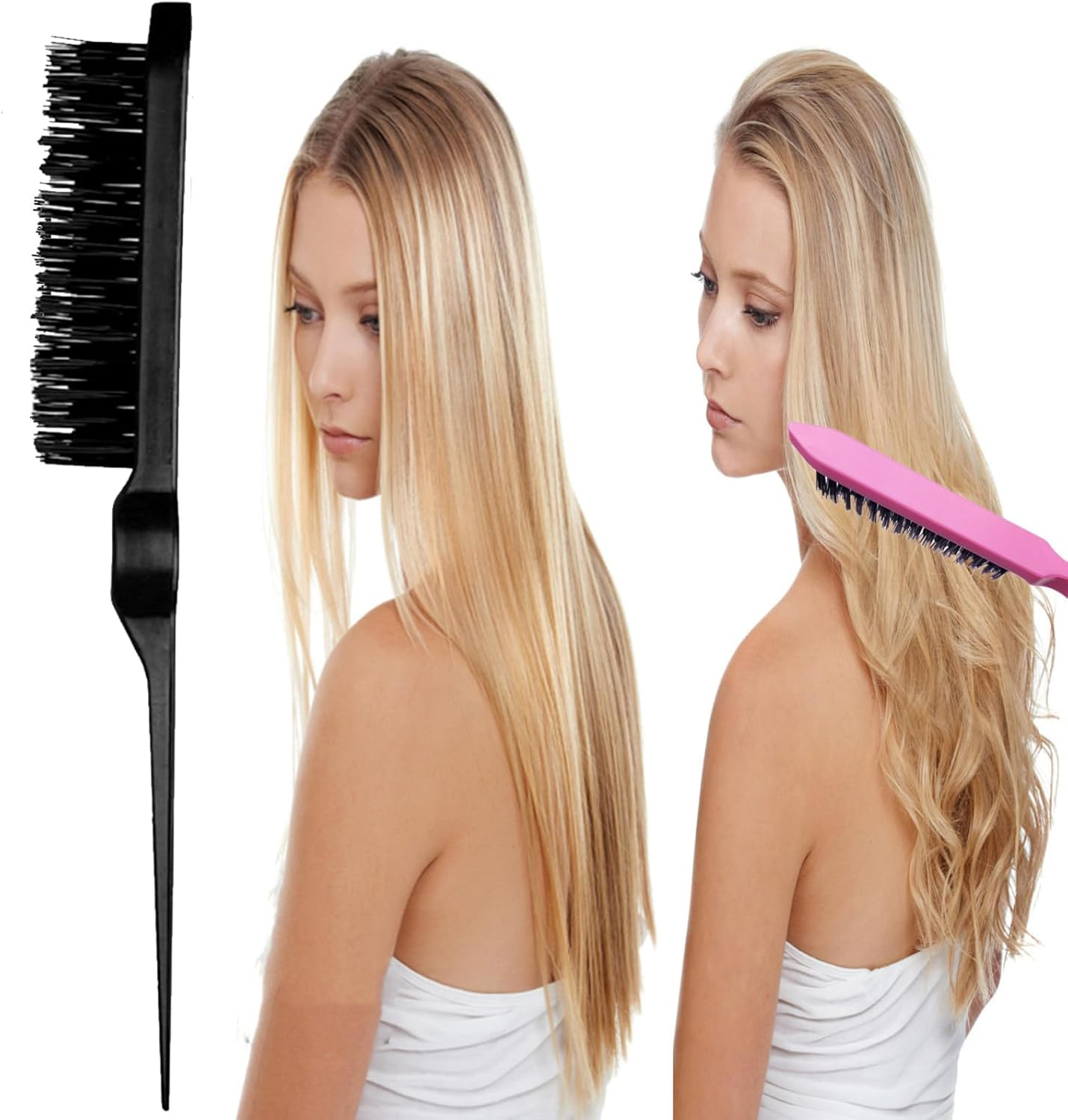 8Pcs Hair Styling Comb Set, Includes Hair Teasing Brush Rat Tail Comb Double-Sided Edge Brush Hair Clips for Women Girls Combing Styling Hair (Black) - Black image number 6