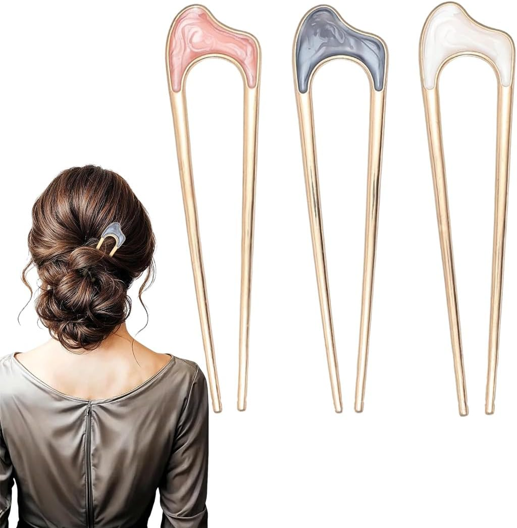 QOWIJEX Pack of 3 U-Shaped Hairpin French Style Hair Clip Shell Hair Pin Metal Hairpin Fork Sticks Tines Chignon Pens for Women Hair Styling Accessories (Pink + Azul + White) image number 1