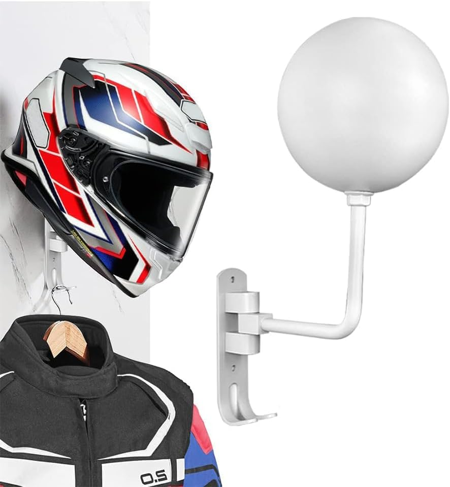 Motorcycle Helmet Rack with 2 Hooks, 180&deg; Rotation Aluminum Alloy Helmet Holder Wall Mount, Helmet Display Rack for Motorcycle Bike Coats, Caps, Baseballs, Rugby Helmet, White image number 5