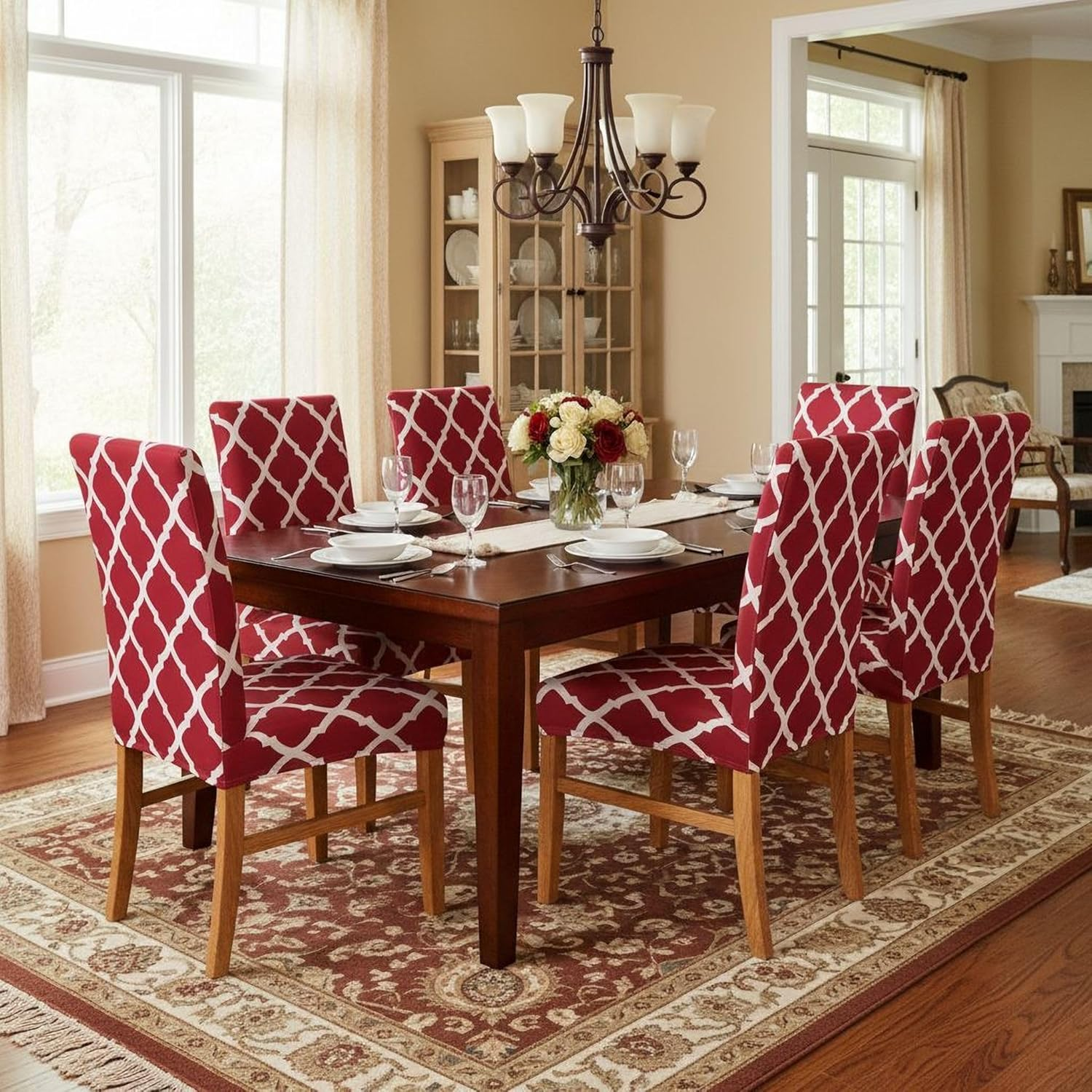 Lalluxy Stretchy Parson Chair Slipcovers for Dining Room Chair Seat Covers Chair Protectors for Party Pet Protection Universal Fit Soft Polyester (Set of 6, Quatrefoil Red)