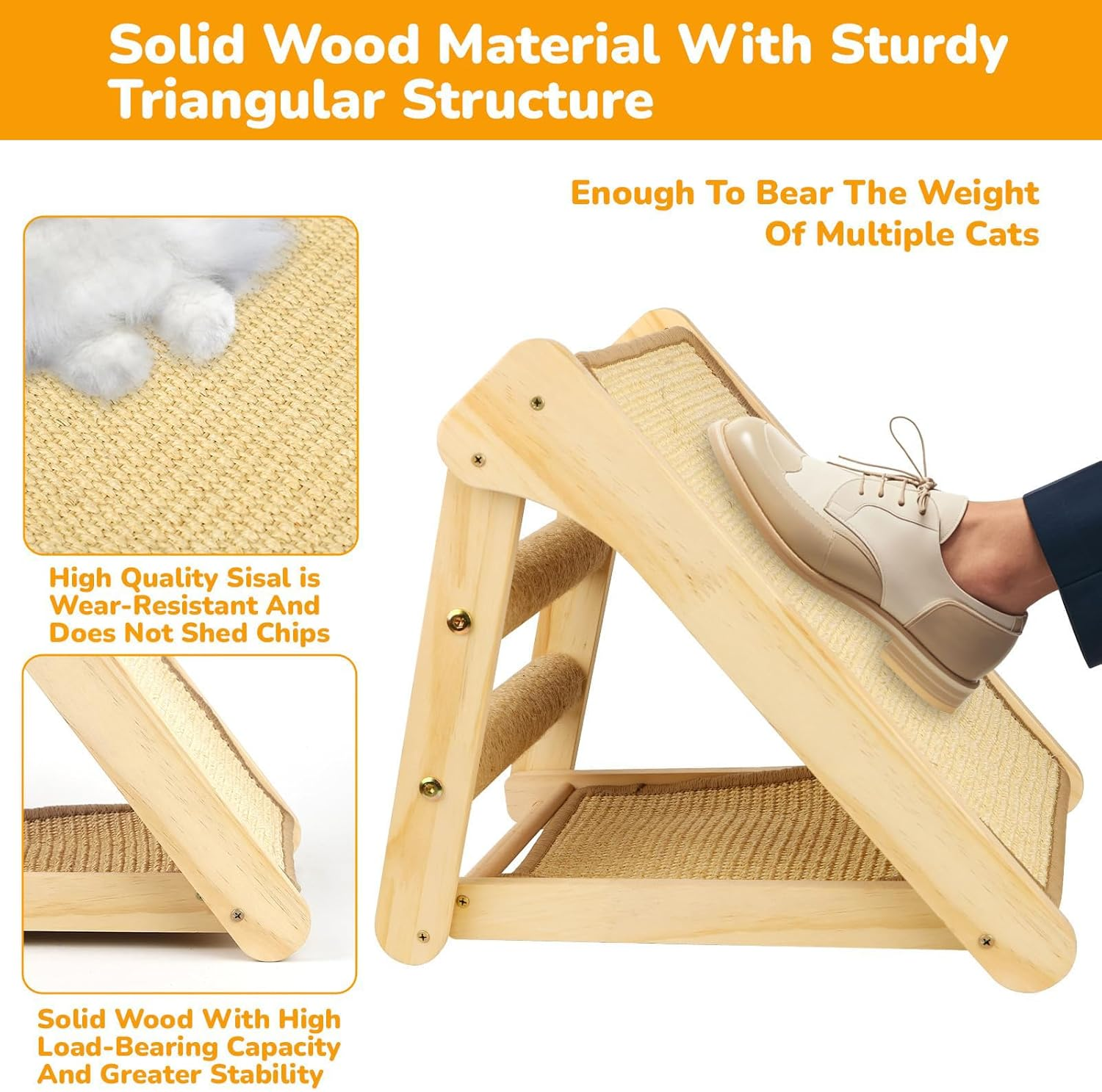 Cozioz Wooden Cat Scratching Ramp with Sisal Surface, Durable Scratch Board and Post Combo for Indoor Cats and Kittens, Includes Interactive Wood Cat Teaser Toy image number 4