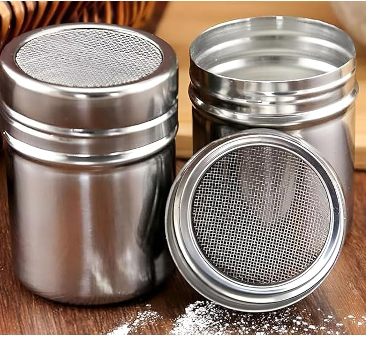 EOMECUIGAO Stainless Steel Powder Shaker 2PCS Powder Dispenser with Dust Cap Cocoa Powder Dispenser Pepper Shaker Barbecue Seasoning Bottle Coffee Utensils image number 4