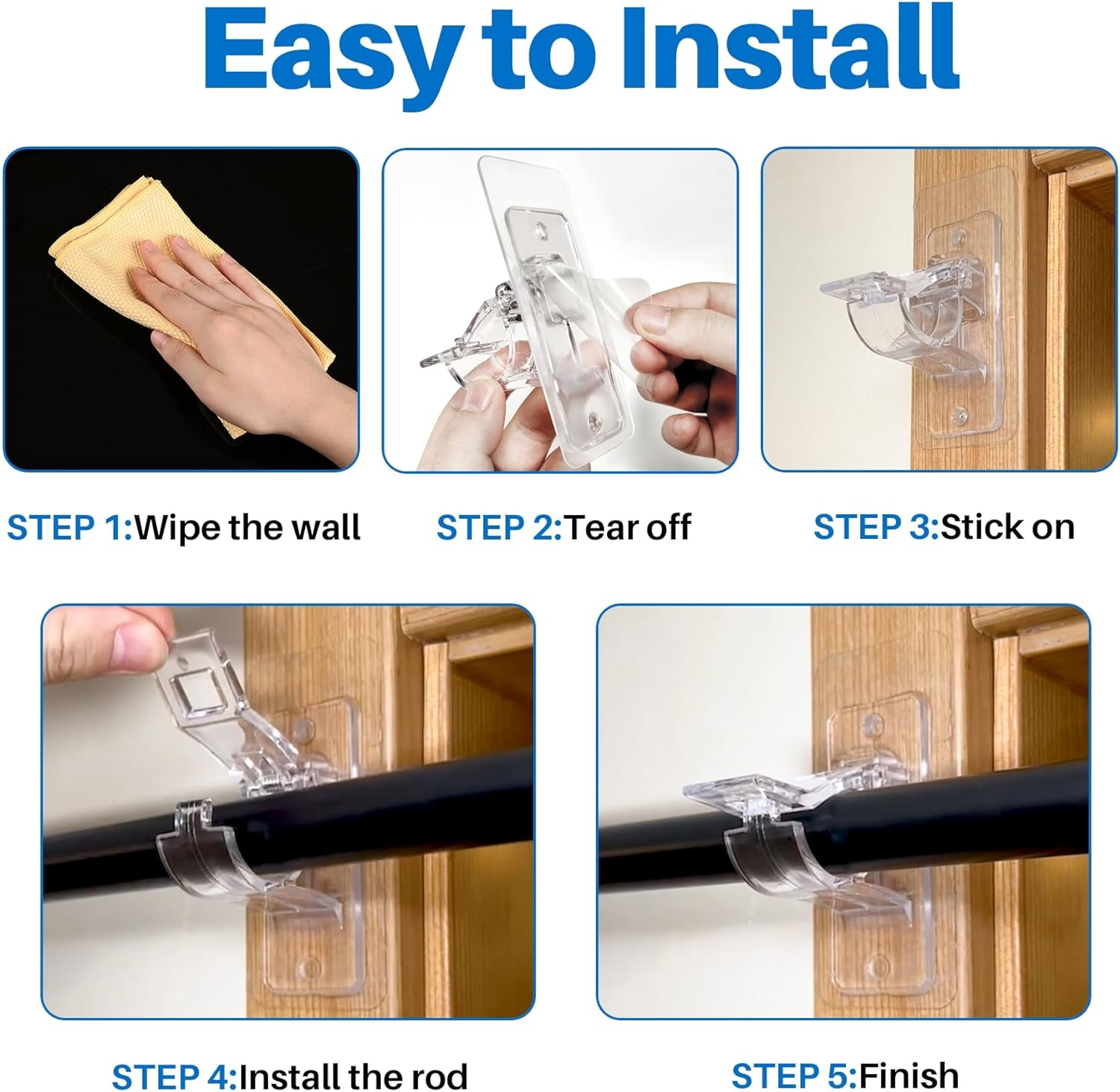 6-Pack No Drill Needed Curtain Rod Holders Brackets, Self Adhesive Rod Holder Hooks, Multipurpose Nail Free Stick on Curtain Rod Hooks image number 6