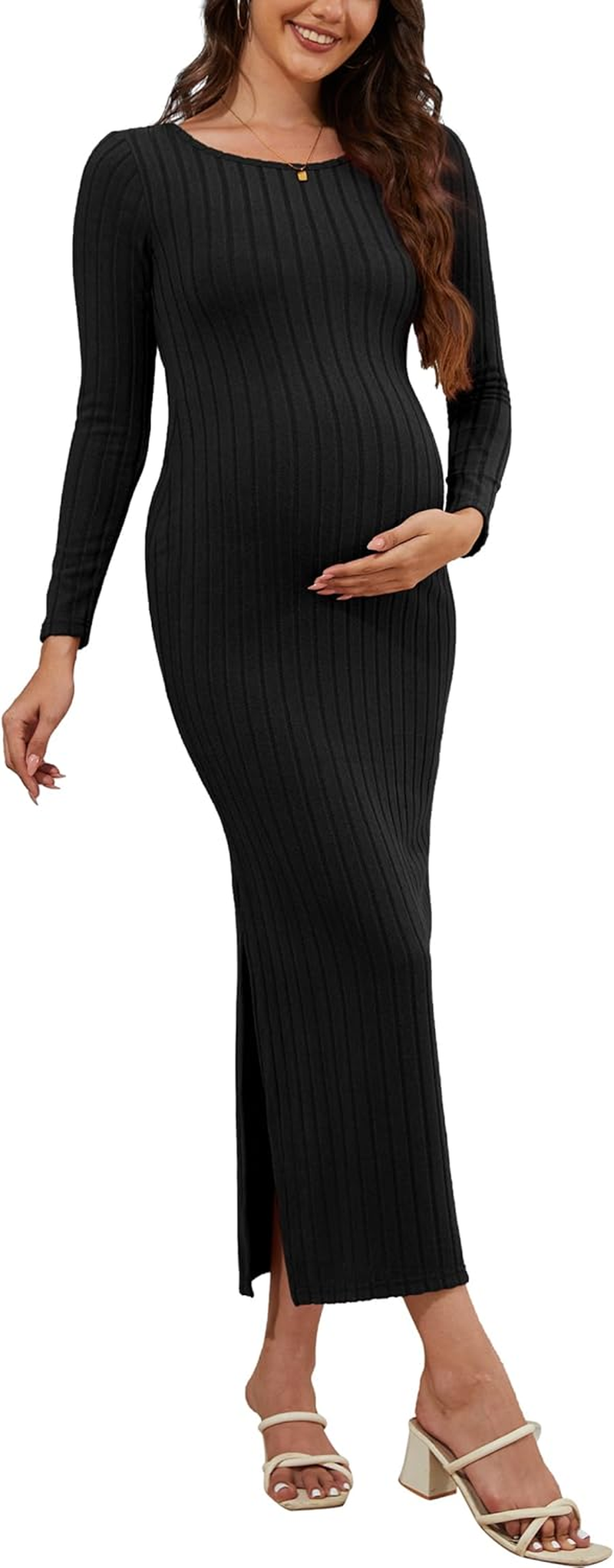 Women'S Maternity Sweater Dress Ribbed Knit Long Sleeve Maxi Bodycon Dress Pregnancy Outfits
