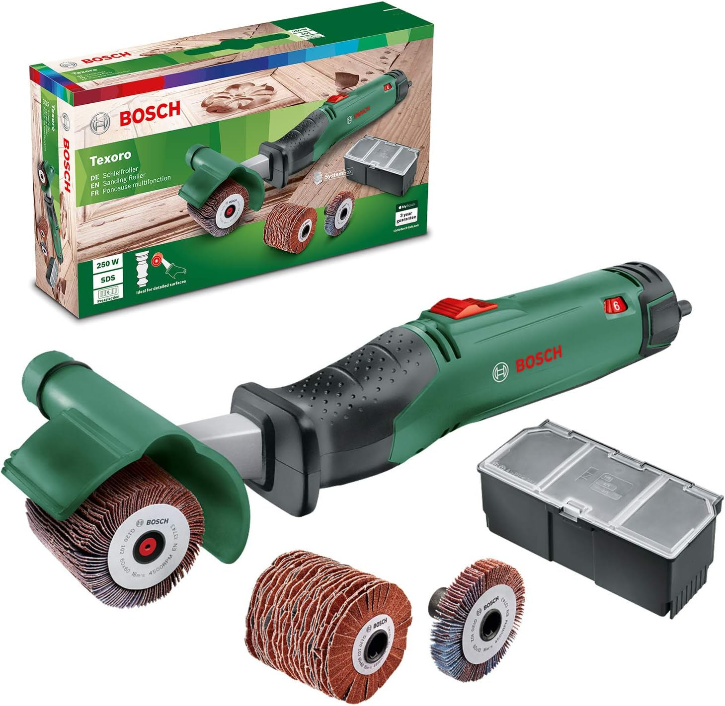 Bosch Texoro Sanding Roller (250 Watt, 3 Accessories, Accessory Box, in Box), Green