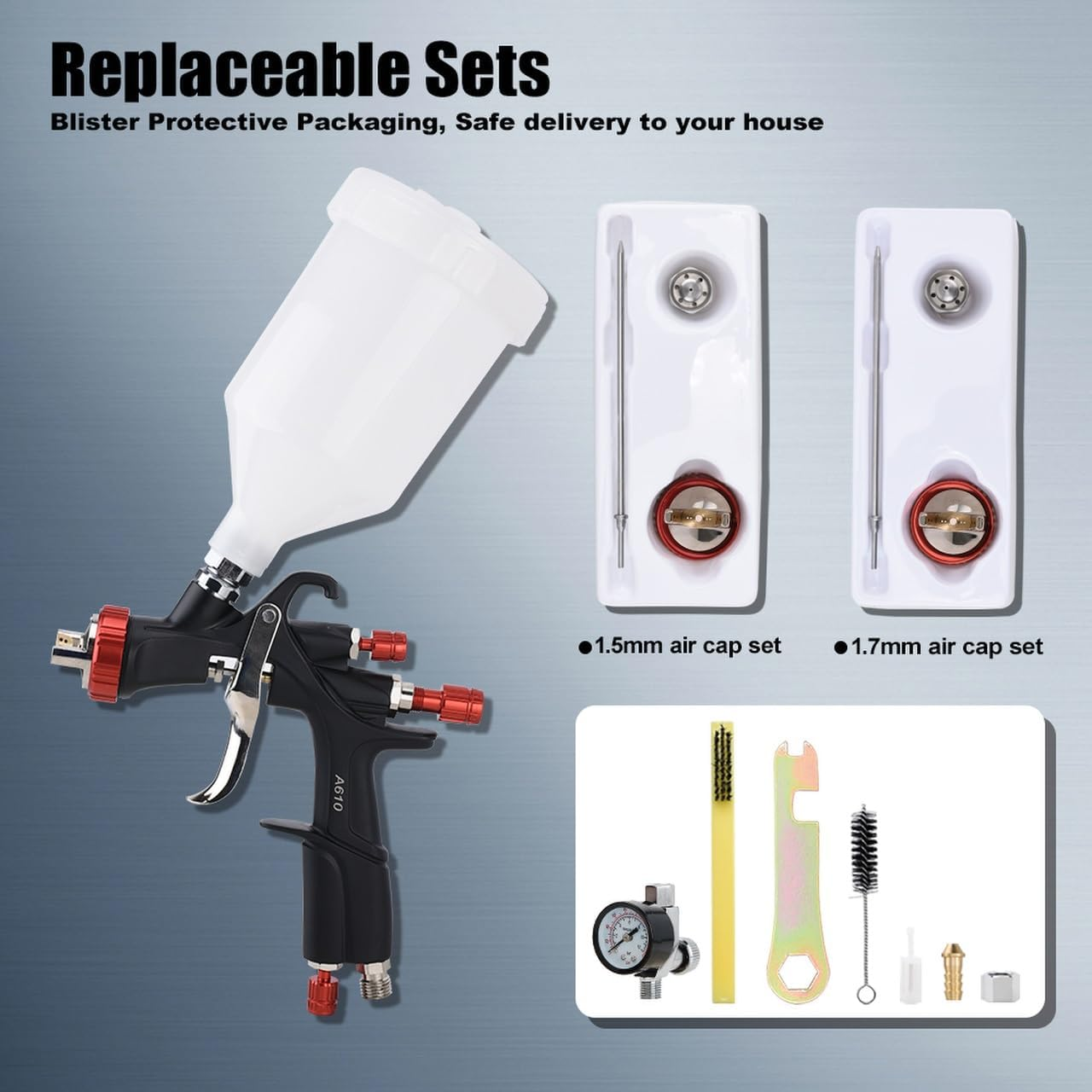 AEROPRO Tools INC R500 LVLP Air Spray Gun 1.3/1.5/1.7Mm Nozzles & Air Regulator, A610 Paint Guns Automotive, Car Paint Gun Sprayer, Paint Gun House Painting, Car, Furniture, Varnish Top Coat Black image number 5