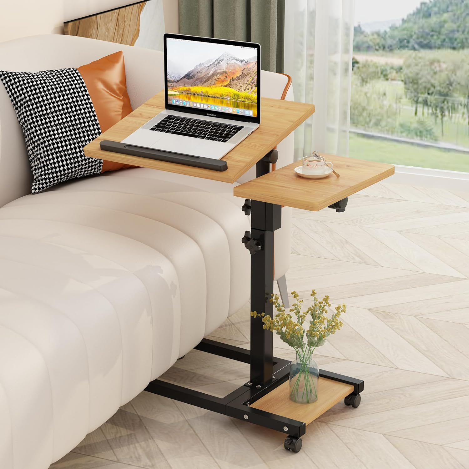 Laptop Desk Laptop Stand for Bed Portable Desk Overbed Bedside Table Mobile Rolling Foldable Table Adjustable Height with Locked Wheels & Mouse Pad for Bed Office Sofa