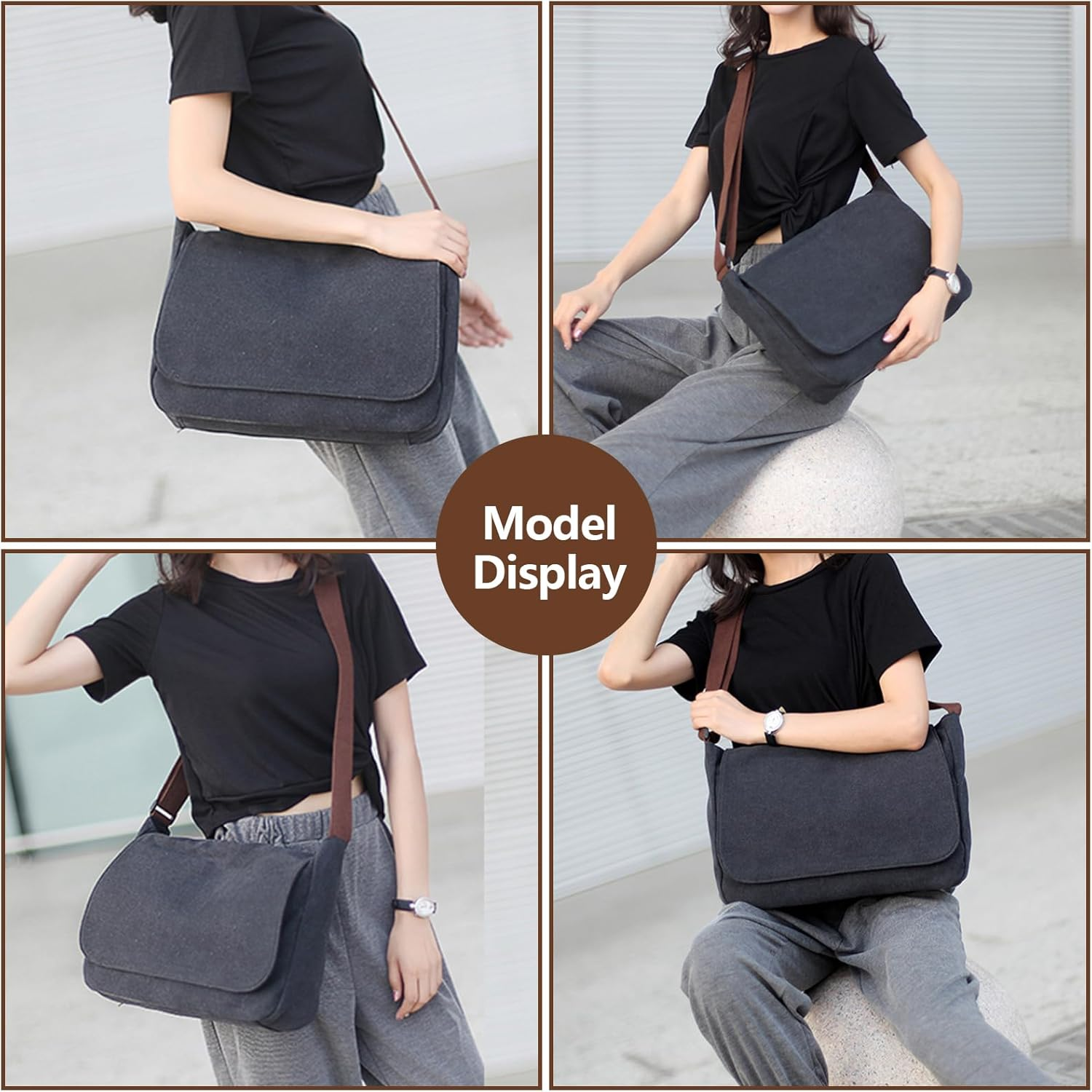 Lizbin Messenger Bag, Classic Vintage Messenger Bags, Canvas Messenger Bag, Shoulder Bag Crossbody Bag, Small Messenger Bag for Men Women, Crossbody Shoulder Bag Casual Work Bag (Black) image number 1