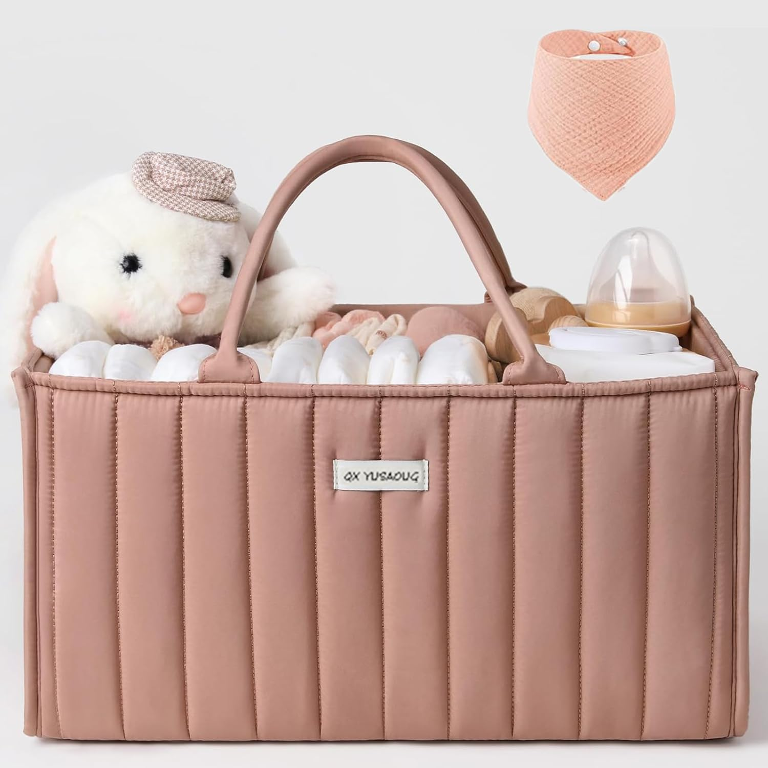 Diaper Caddy Organizer - Large Nappy Caddy Organizer for Baby Nursery, Car Storage Organizer, Baby Gift Basket, Changing Table Organizer, Portable Baby Caddy Organiser (Khaki, with Bib)