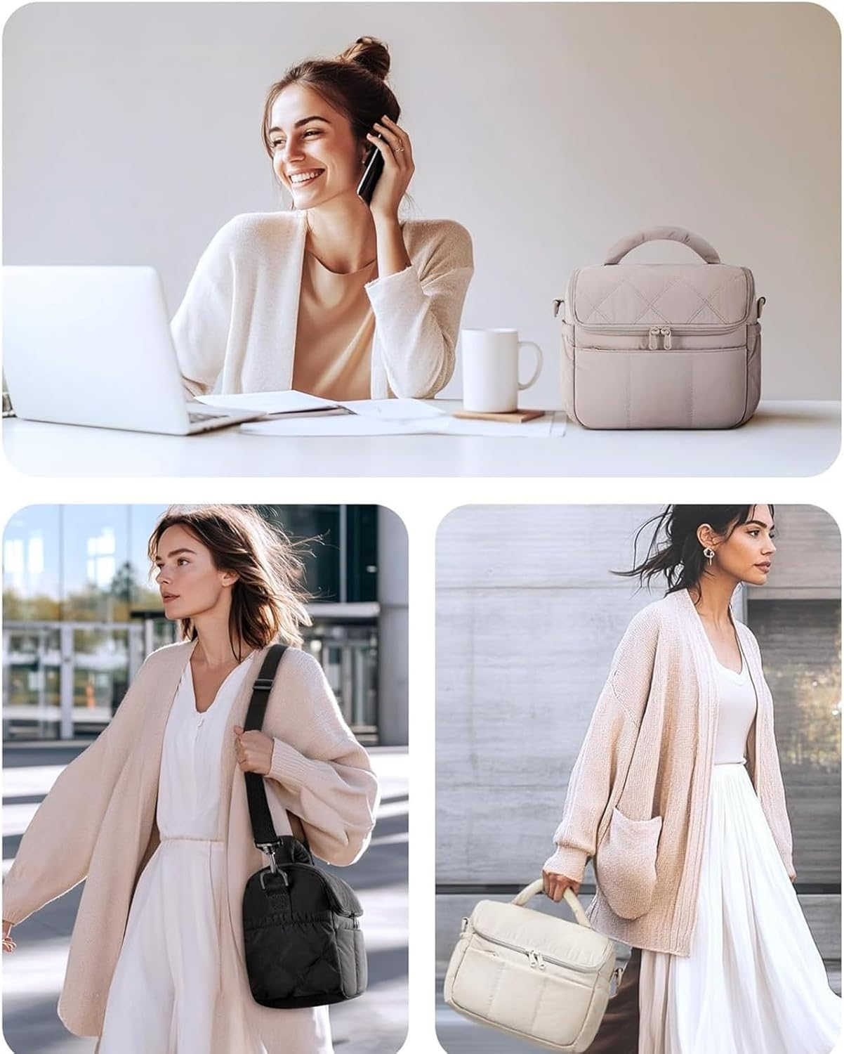 Lunch Cooler Bag for Women, Cute Quilted Insulated Lunch Tote, Lightweight Puffy Waterproof Design for Work, Office, School, Picnic and Travel, Beige image number 2