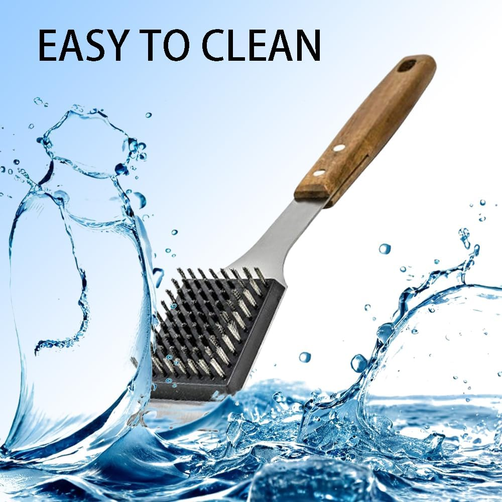Grill Brush with Scraper and Long Wooden Handle for Safe Cleaning, Replaceable Stainless Steel Brush Hairs for Durable Use, Effortlessly Tackle Any Grill Surface image number 2