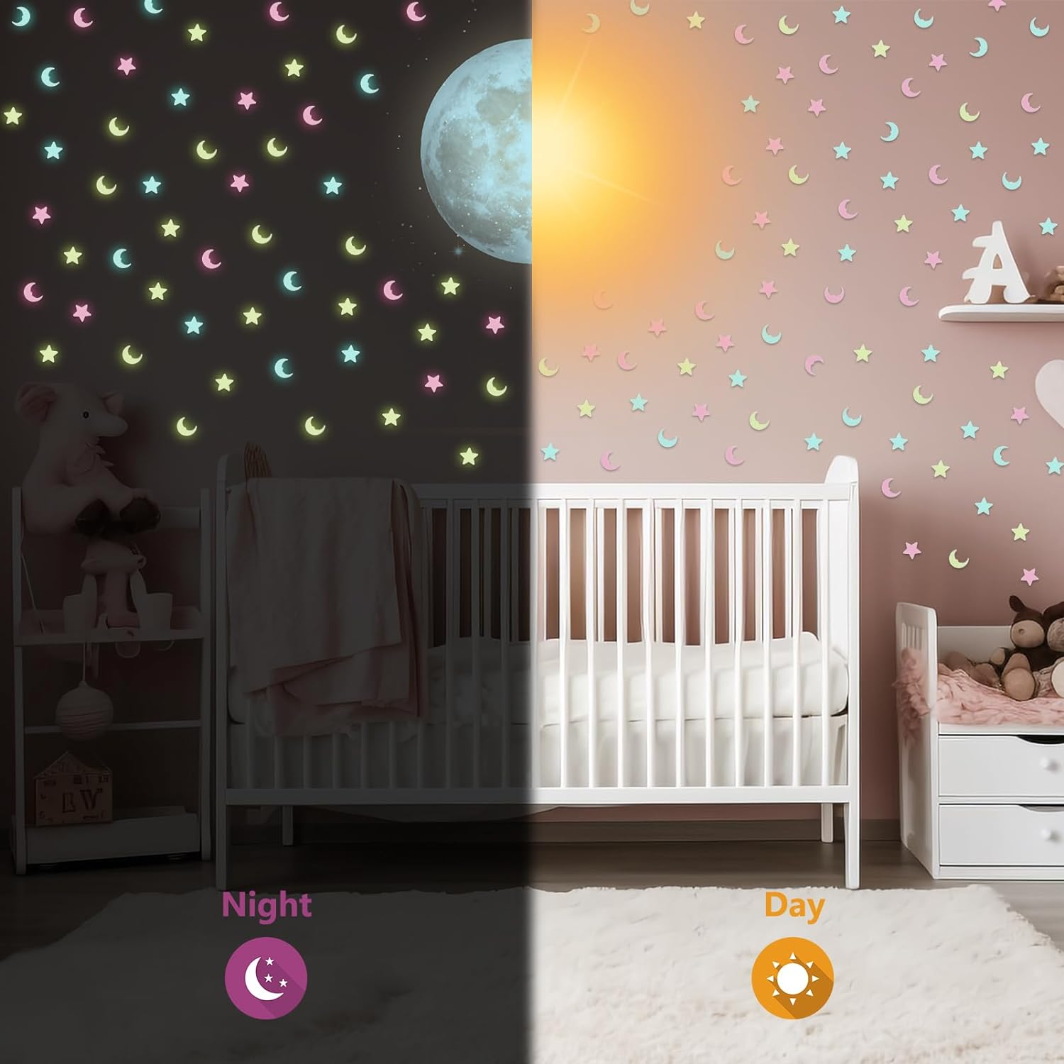 Geeric 100Pcs Star Moon Wall Decals Home Decoration, Glowing Wall Decals Decor Stickers Glow in the Dark Star for DIY Kids Bedding Room Party Birthday Gift Bedroom Sticker Decor Walls DIY Decoration image number 4