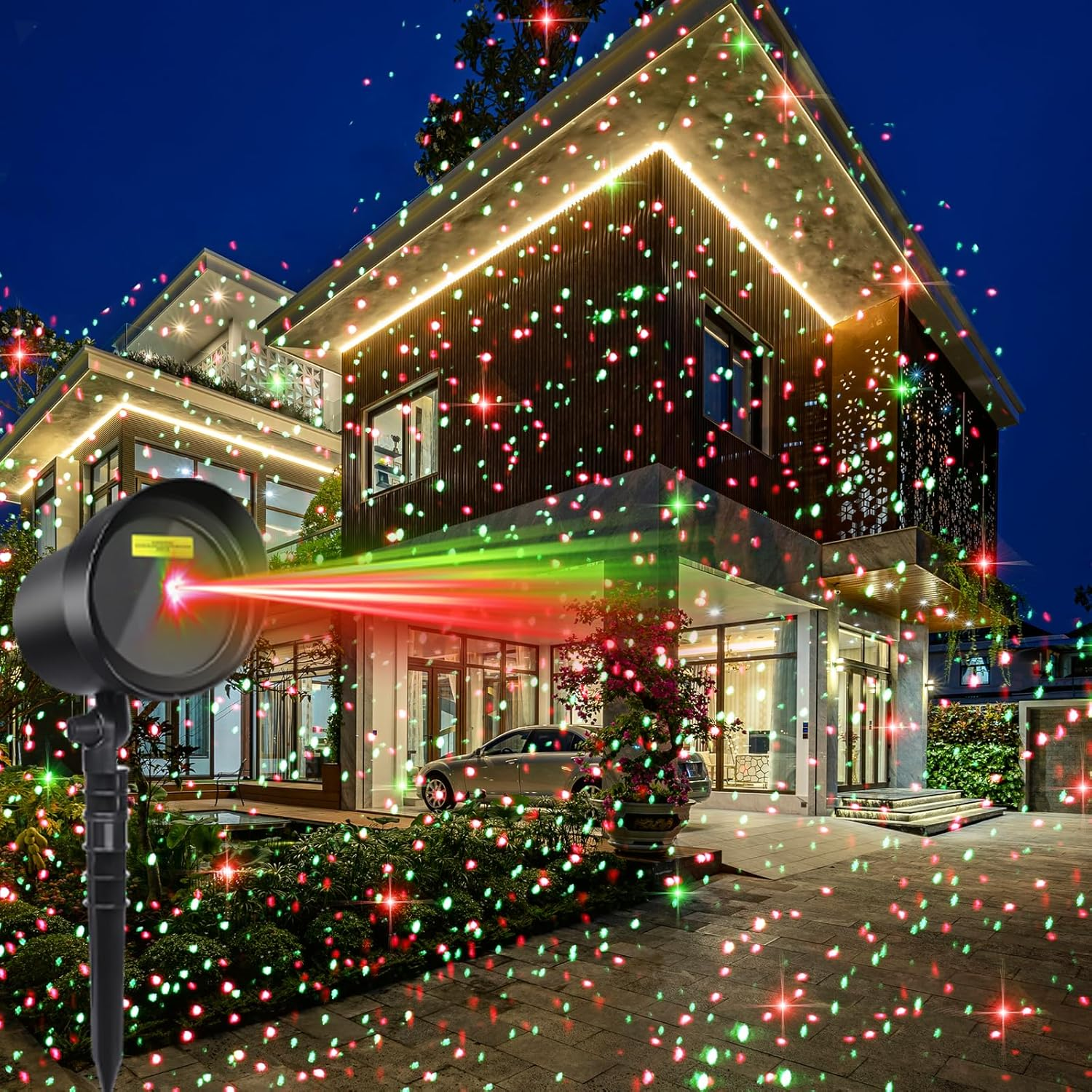 Christmas Motion Laser Projector Lights Outdoor for Holiday Decorative Lighting Show, as Seen on TV Xmas Light Landscape for House Garden, Red & Green Stars Dots Dynamic Keeping Moving Change Pattern image number 1