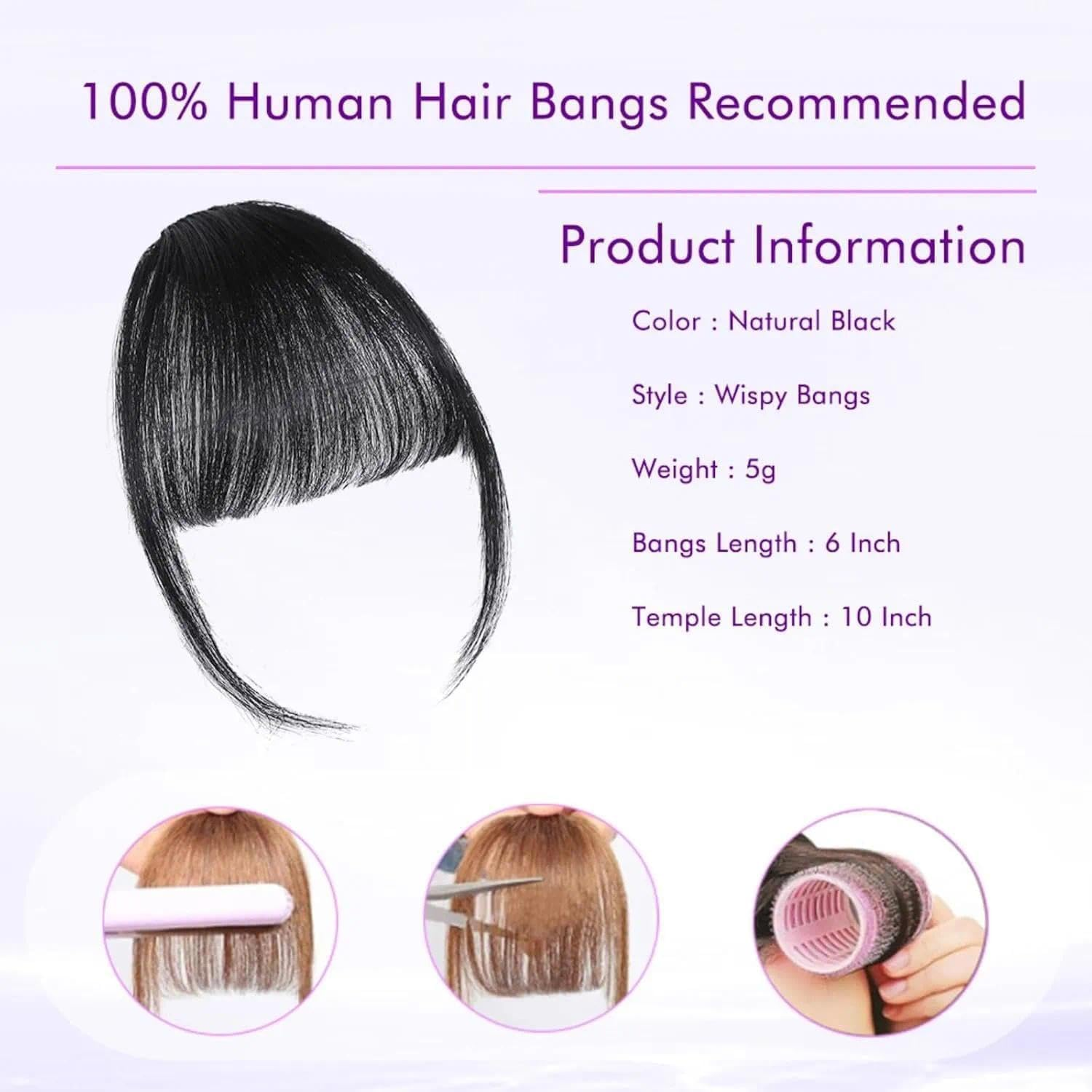Natural Black Human Hair Extensions Clip in Wigs for Women with Bangs - Soft, Comfortable, Dyeable, Wispy French Bangs, Invisible Clip, Breathable Mesh, Secure Hairpieces by Ruibex image number 4