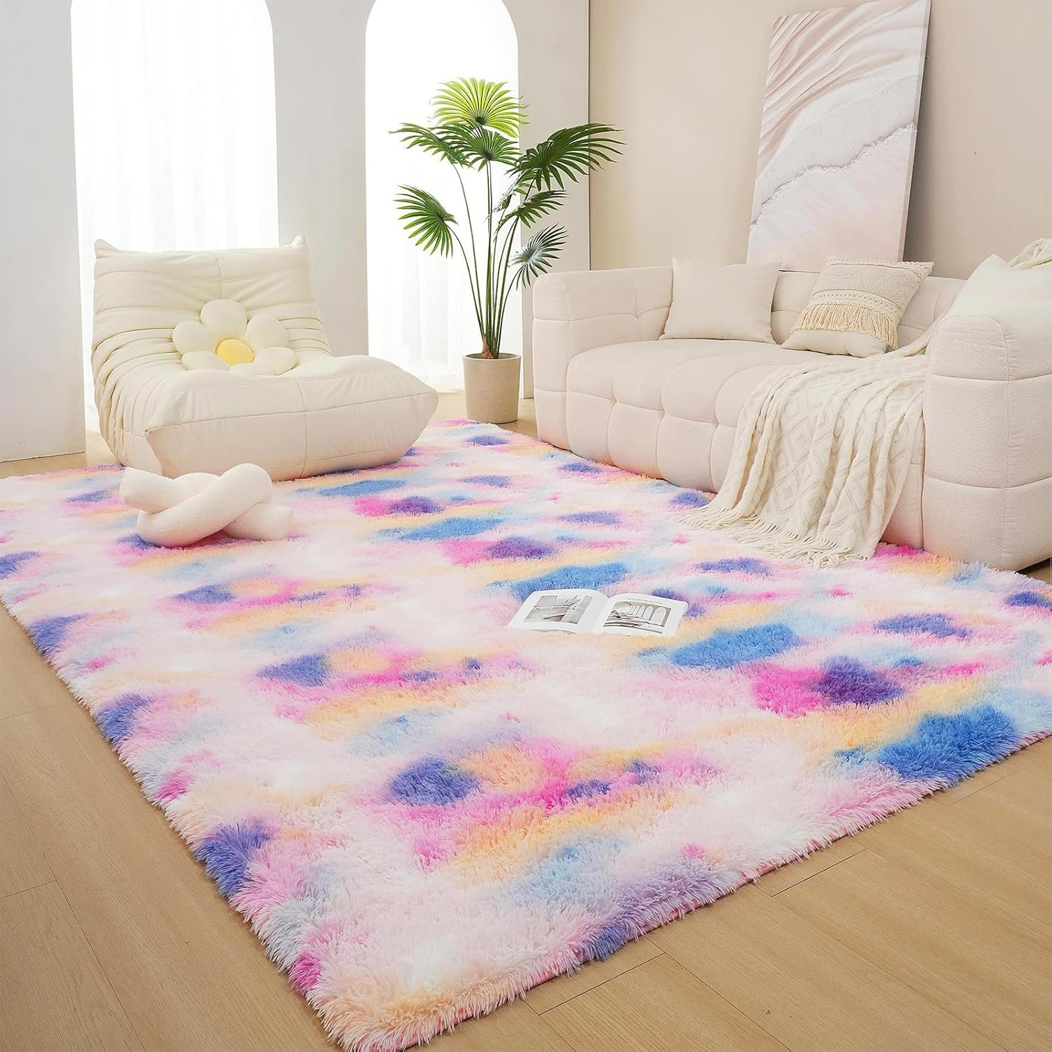 Large Fluffy Area Rugs for Bedroom Livingroom, Super Soft Shaggy Anti-Slip Fuzzy Rug Carpet for Women Girls, Modern Colorufl Tie-Dye Silky Smooth Fur Rug Floor Decor (Rainbow, 200X160Cm)