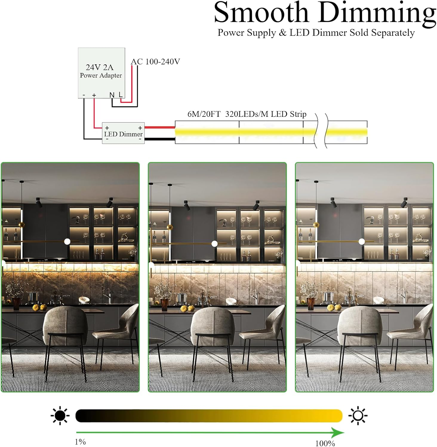 JOYLIT COB Indoor LED Strips 24V Natural White 4000K 6M 320Leds/M CRI 90+, Dimmable LED Strip Light for Indoor Decoration Bedroom Kitchen Wardrobe Shelf image number 6