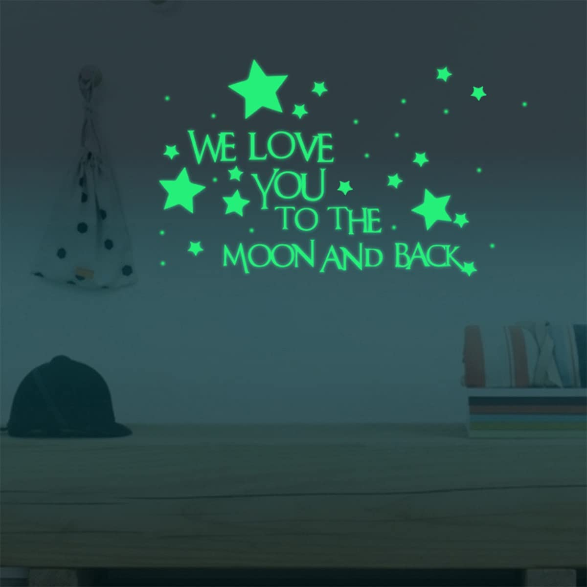 Nursery Wall Decals Glowing Words Stickers - WE Love You to the Moon and Back - Words Glow in the Dark with Stars around Wallpaper for Kids Bedroom Ceiling