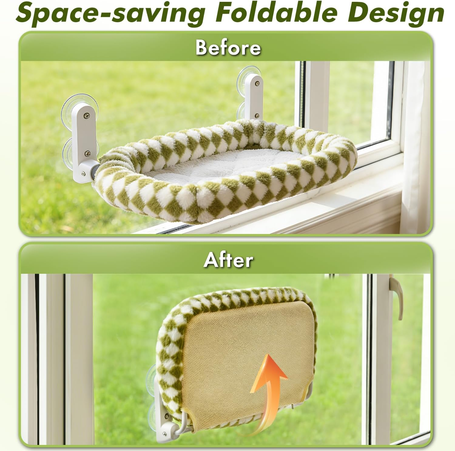 Zoratoo Cat Window Perch with Bolster, Cordless Foldable Cat Window Hammock with Strong Suction Cups & Metal Frame, Machine Washable Pet Bed for Indoor Cats (Green, Medium) - Gray image number 7