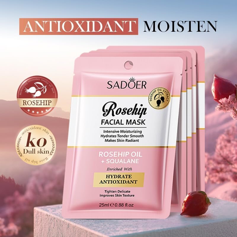Rosehip Facial Mask with Squalane, Moisturising Sheet Masks, 12 Pack image number 2