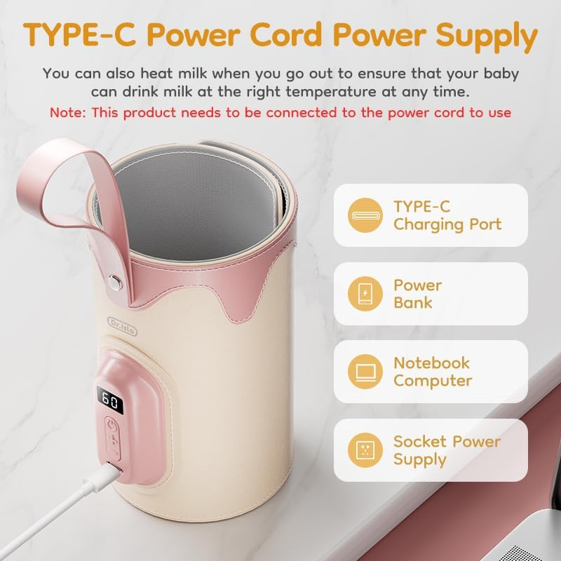 Portable Baby Bottle Warmer, USB Baby Bottle Warmer with ABS Digital Display and 25 Gear Adjustable, Fast and Accurate Milk Heating Keeper for Car, Travel, Indoor (Pink) image number 3