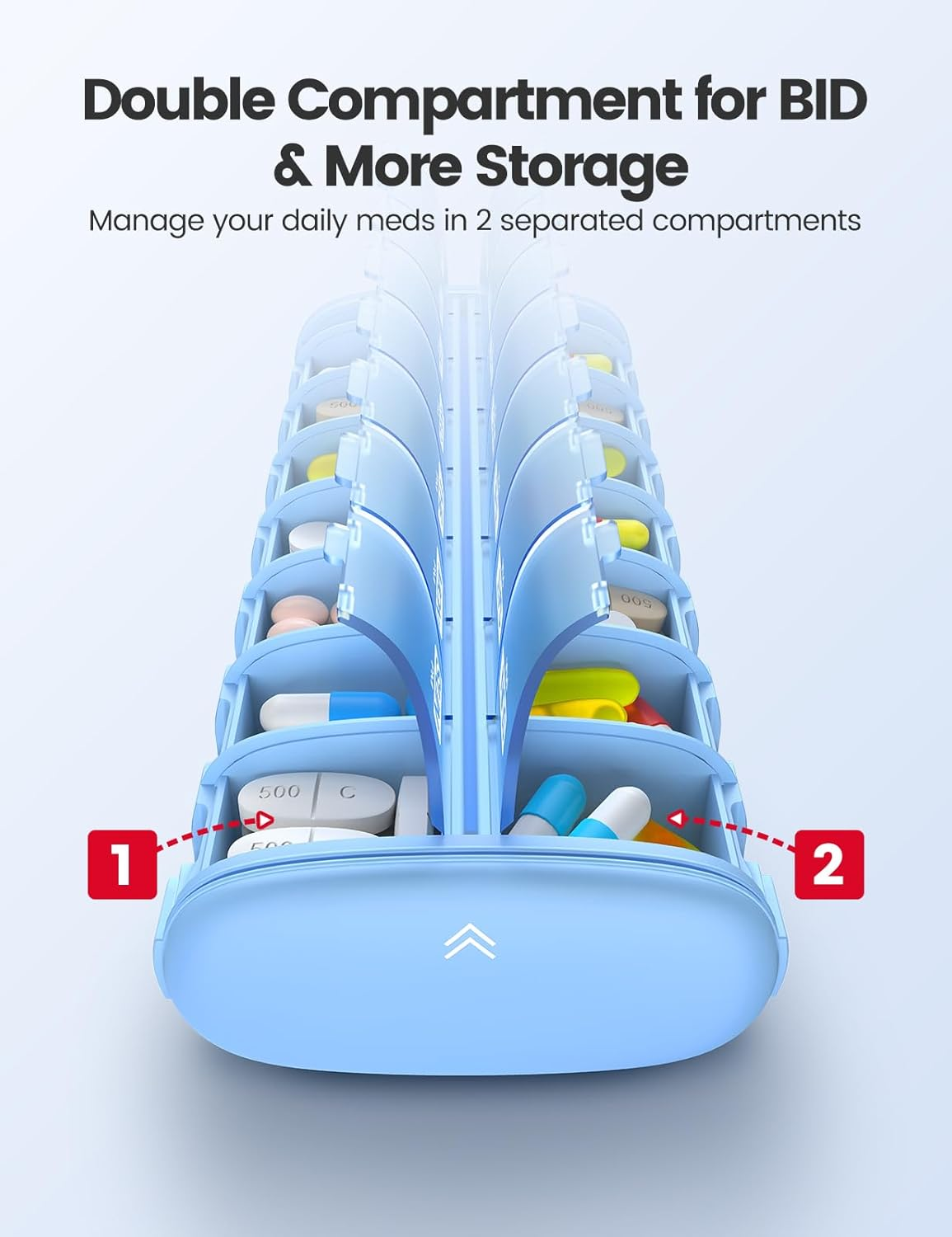 Vaydeer Metal 7 Day Pill Organizer 2 Times a Day &ndash; AM PM Weekly Travel Pill Case with Moisture-Proof Desiccant, Airtight Large Capacity Pill Box for Vitamins, Medications & Supplements (Black) - Blue image number 3