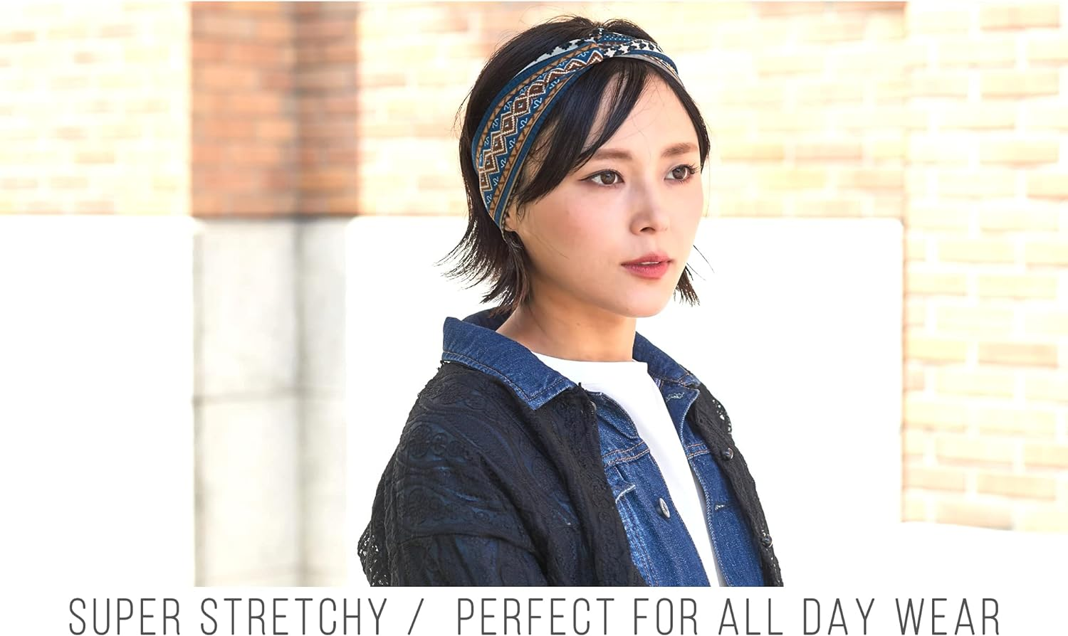 Boho Twist Headbands for Women - Cotton Stretch Elastic Turban Headband Hair Band Hairband Ottoman Print - Navy image number 3