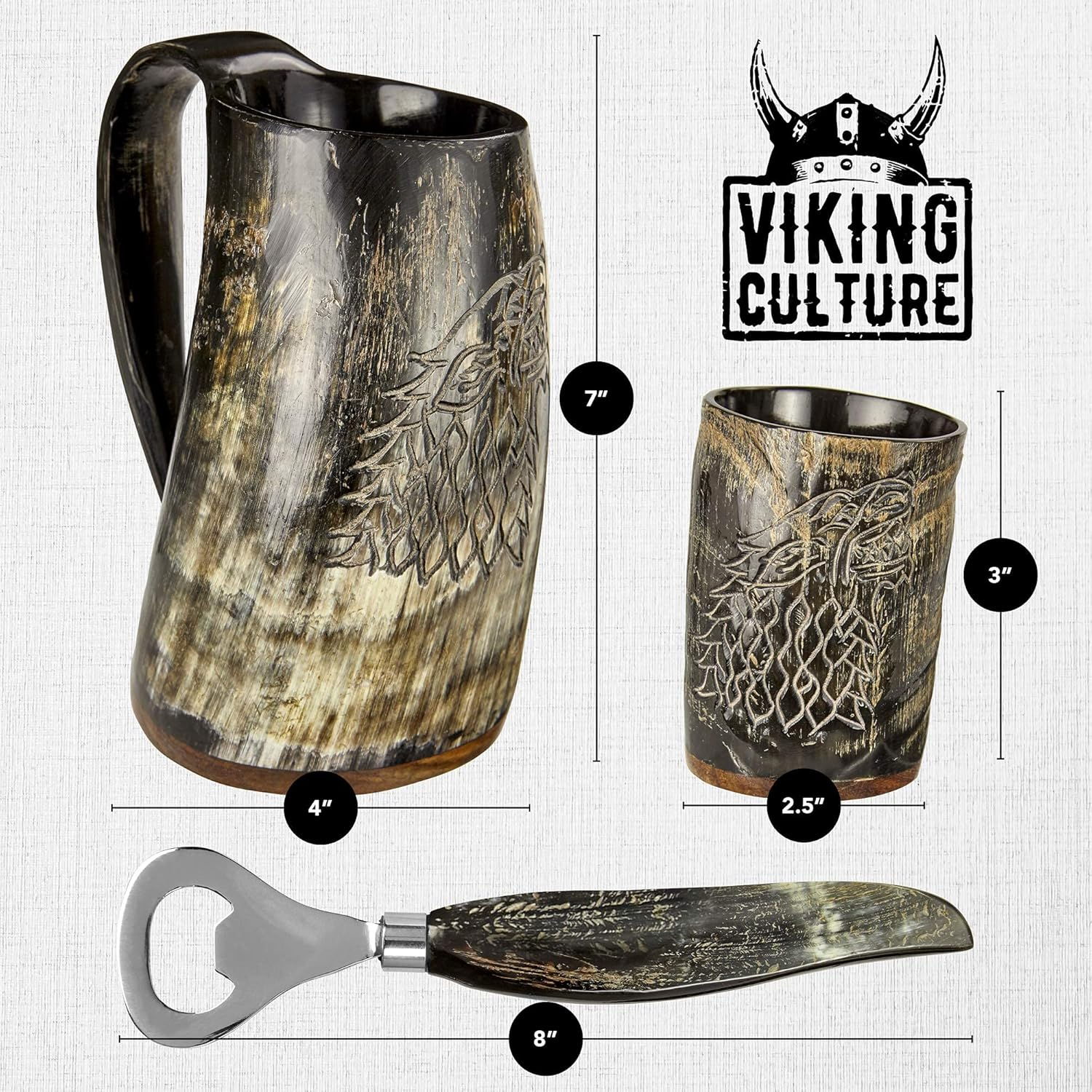 Viking Culture Ox Horn Mug, Shot Glass, and Bottle Opener (3 Pc. Set) Authentic 16-Oz. Ale, Mead, and Beer Tankard | Vintage Stein with Handle | Custom Intricate Design - Natural Finish - Natural | Direwolf/Fenrir image number 2