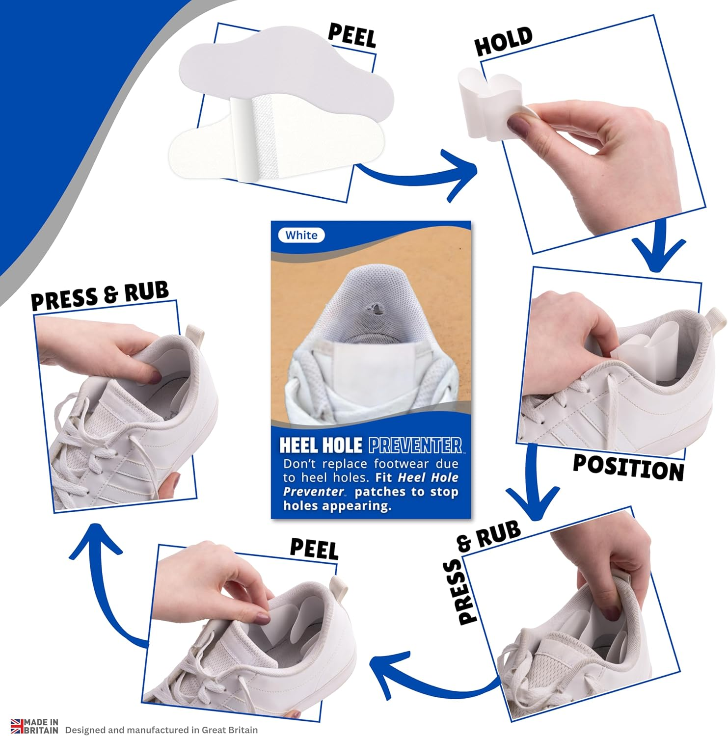 Heel Hole Preventer for Running Shoes, Sneakers, Shoes & Boots. &lsquo;Wrap-Around&rsquo; Style Self-Adhesive Black Patches. Extremely Strong Patches Prevent and Repair Heel Holes. - White image number 4