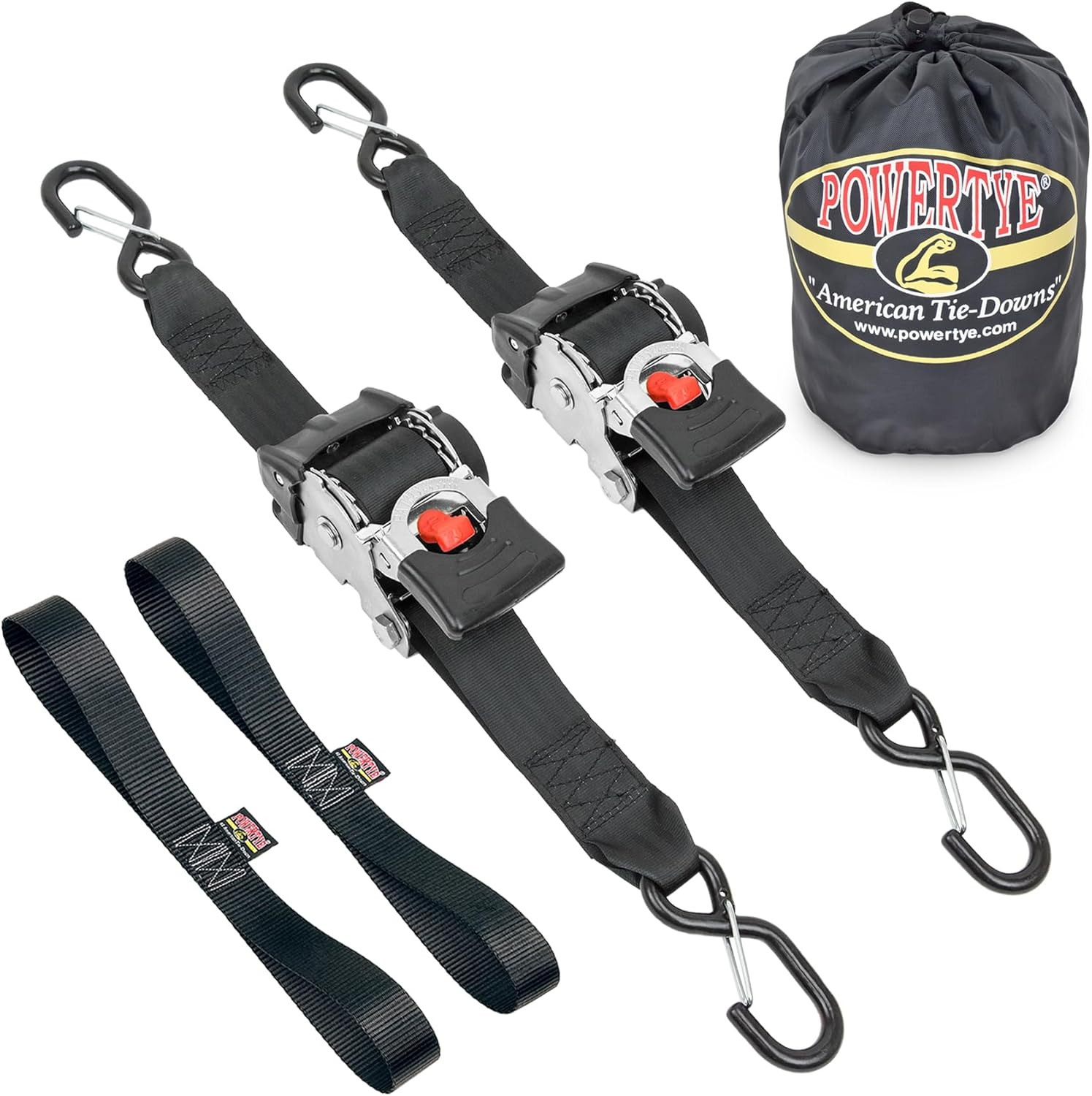 Powertye 2In X 10Ft Retractable Heavy-Duty Ratchet Tie-Downs W/Latch Hooks - Includes Soft-Tyes and Storage Bag - 800 Lb Working Load Limit / 2,400 Lb Breaking Strength - Black (Pair)