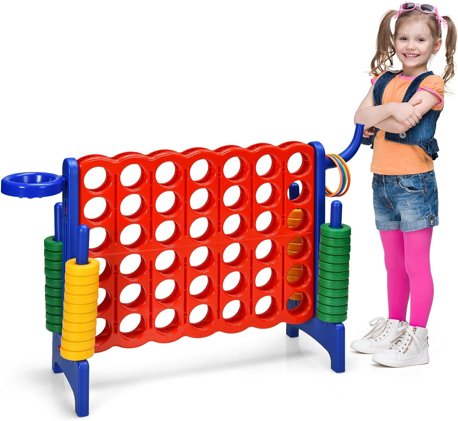 Costway Giant 4-In-A Row, Jumbo 4-To-Score Giant Game Set for Kids & Adults, Indoor Outdoor Family Connect Game W/Basketball Hoop, Ring Game, 42 Jumbo Rings, Quick-Release Slider (Red)