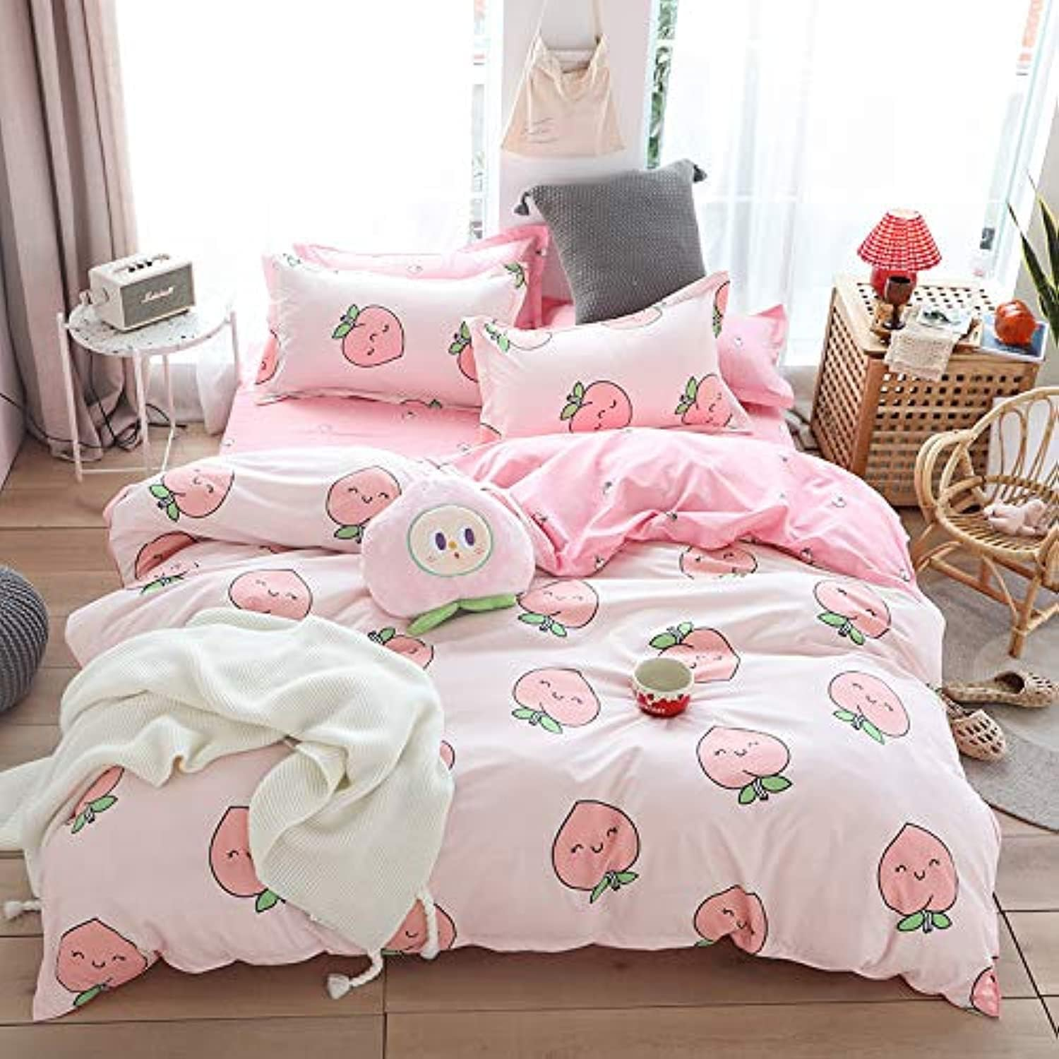 Erosebridal Cartoon Duvet Cover Set Full Pink Peach Bedding Kid Kawaii Girl Lovely Comforter Cute Fruits Quilt Tropical Plant Reversible Soft Bedspread Room Decor image number 3