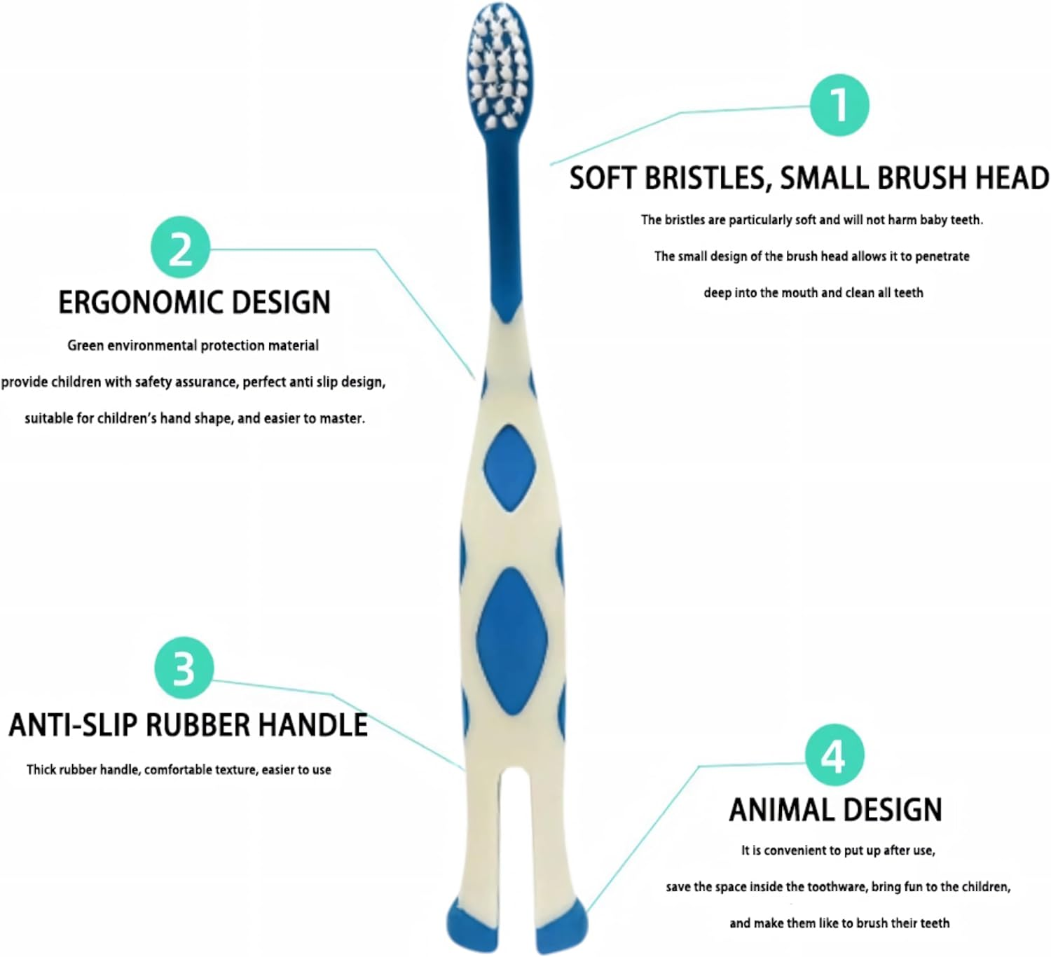 4Pcs Giraffe Kids Toothbrush with Tongue Coating Cleaning Design, Featuring a Brush Head Protective Cover and a Standing Handle Fun Toddler Toothbrush image number 1