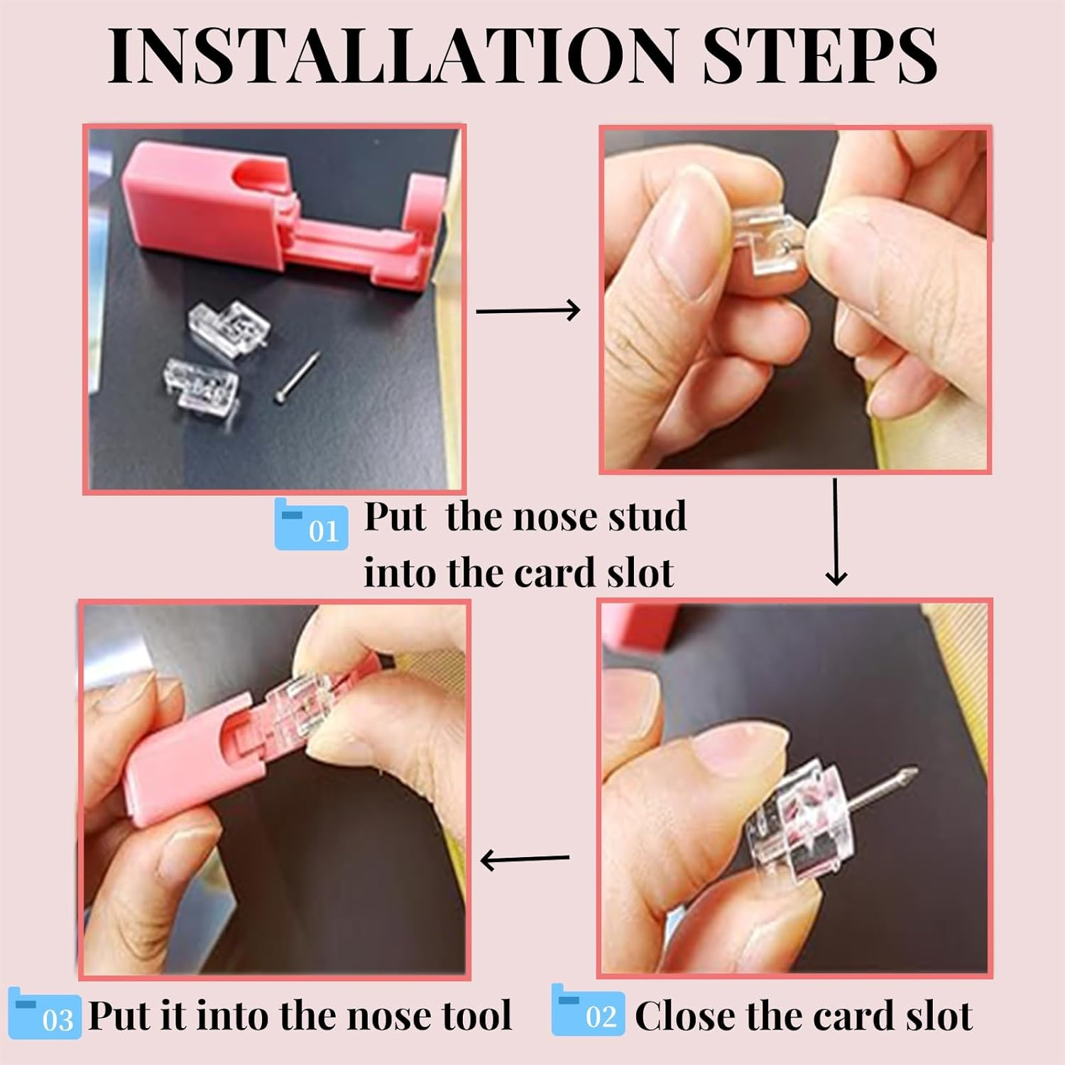 Orilace 4Pcs Nose Piercing Kit - Self Disposable Nose Piercing Gun Easy Safe Low Pain at Home Piercing Kit Tool Built-In Nose Stud - Pink image number 3