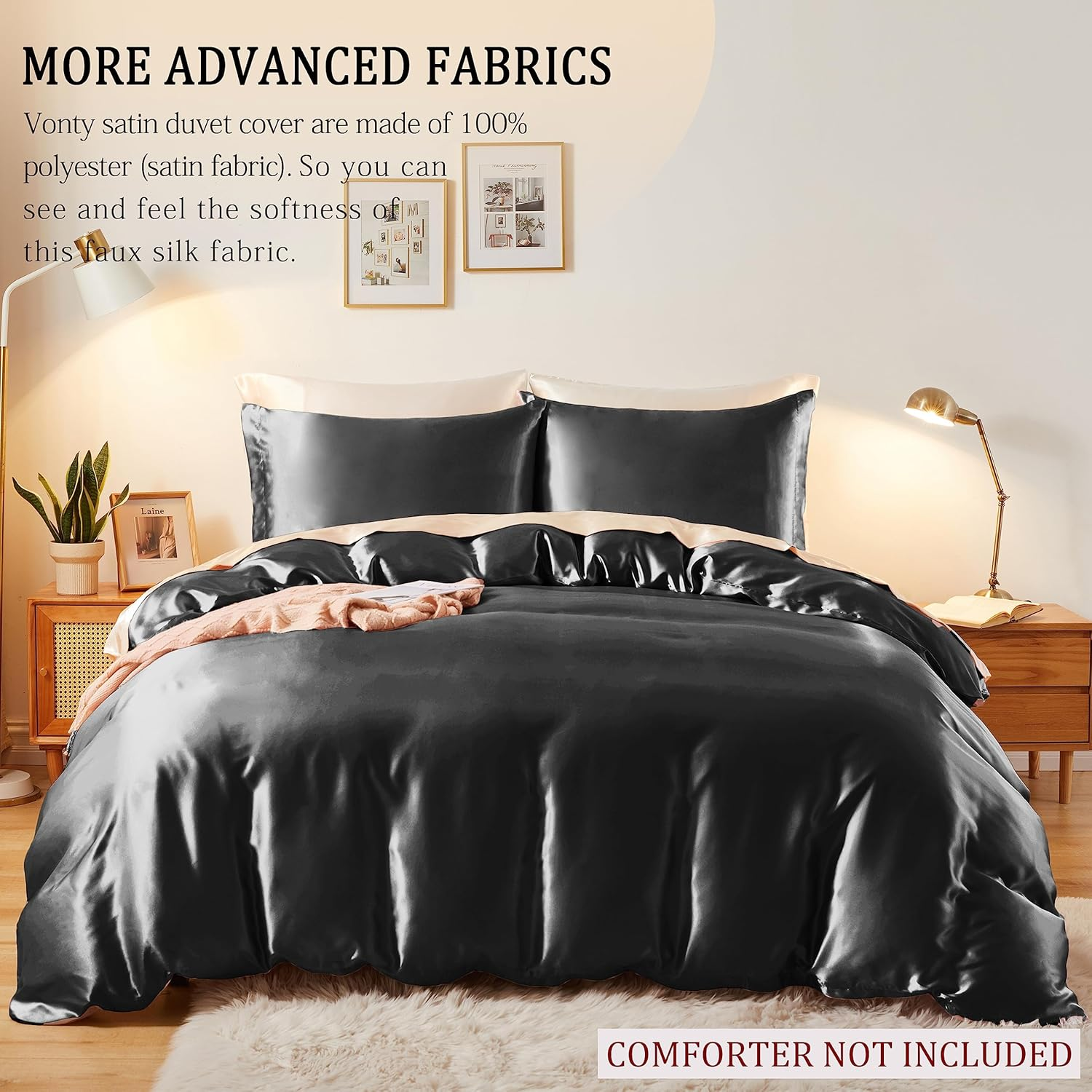 Vonty 3-Piece Silky Satin Duvet Cover Set Full/Queen Size Comforter Cover, Organic Natural 400TC Black Duvet Cover Set - Luxury & Sexy Bedding Duvet Covers with Zipper Closure(No Comforter) image number 4