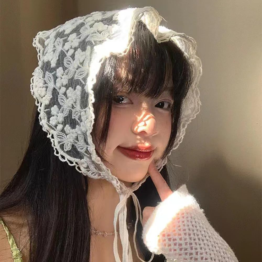Lace Floral Hair Bandana White Hair Headband Head Scarf for Women Girls Vintage Triangle Head Kerchief Tie-Back Headwraps Flower Hair Scarf Headscarf Bandana Boho Headbands Bandanas for Hair Styling image number 2