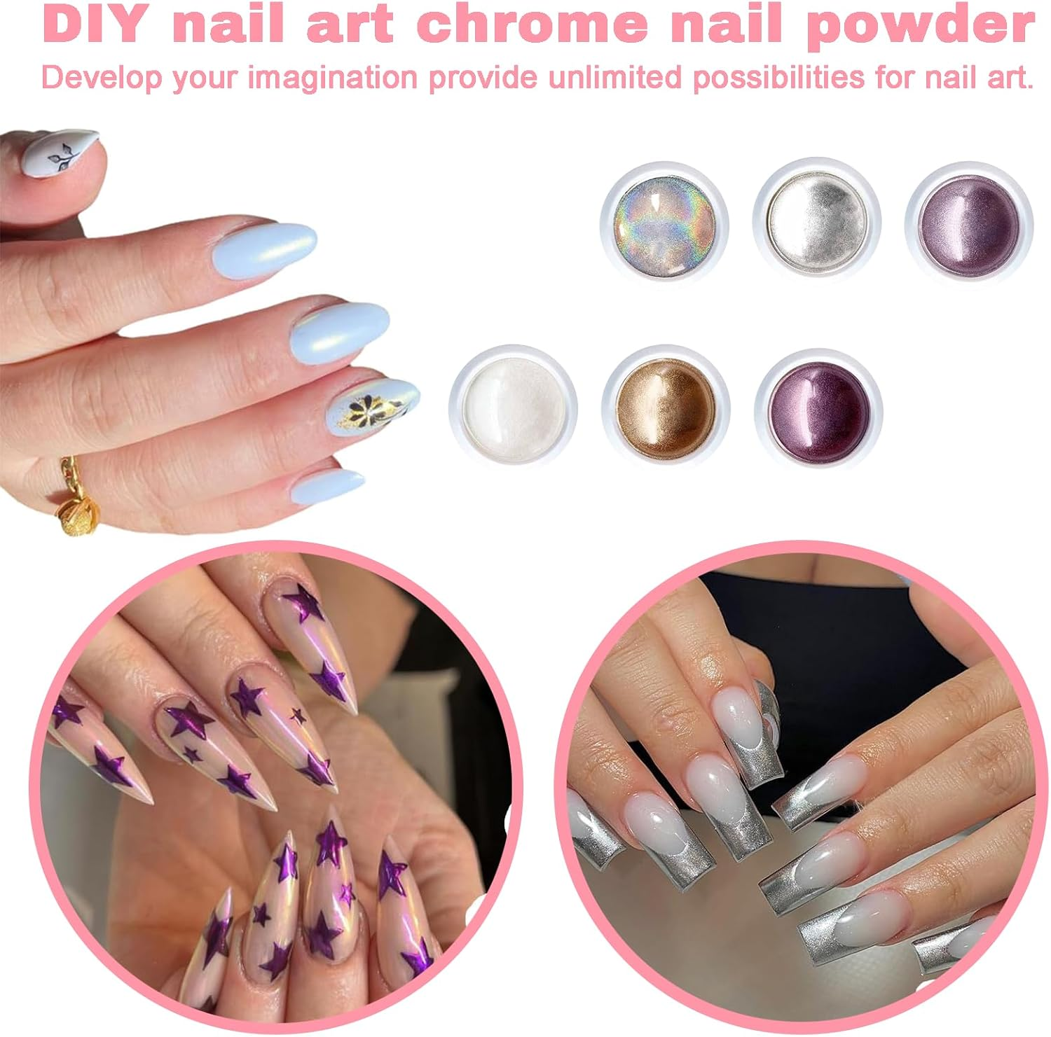 HHMJZW Chrome Nail Powder - 6 Colors Metallic Mirror Pearl Holographic Pigment for Nail Art Decoration image number 3