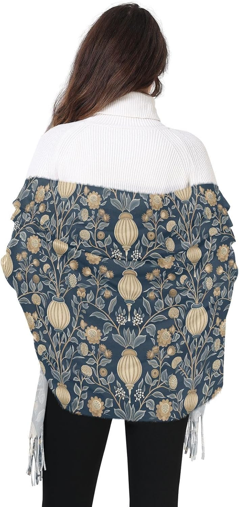 Trendy Cashmere Feel Scarf Winter Accessories for Women William Morris Style Rustic Ethnic Floral Dark Blue Bufandas Y Chales Para Mujer image number 2