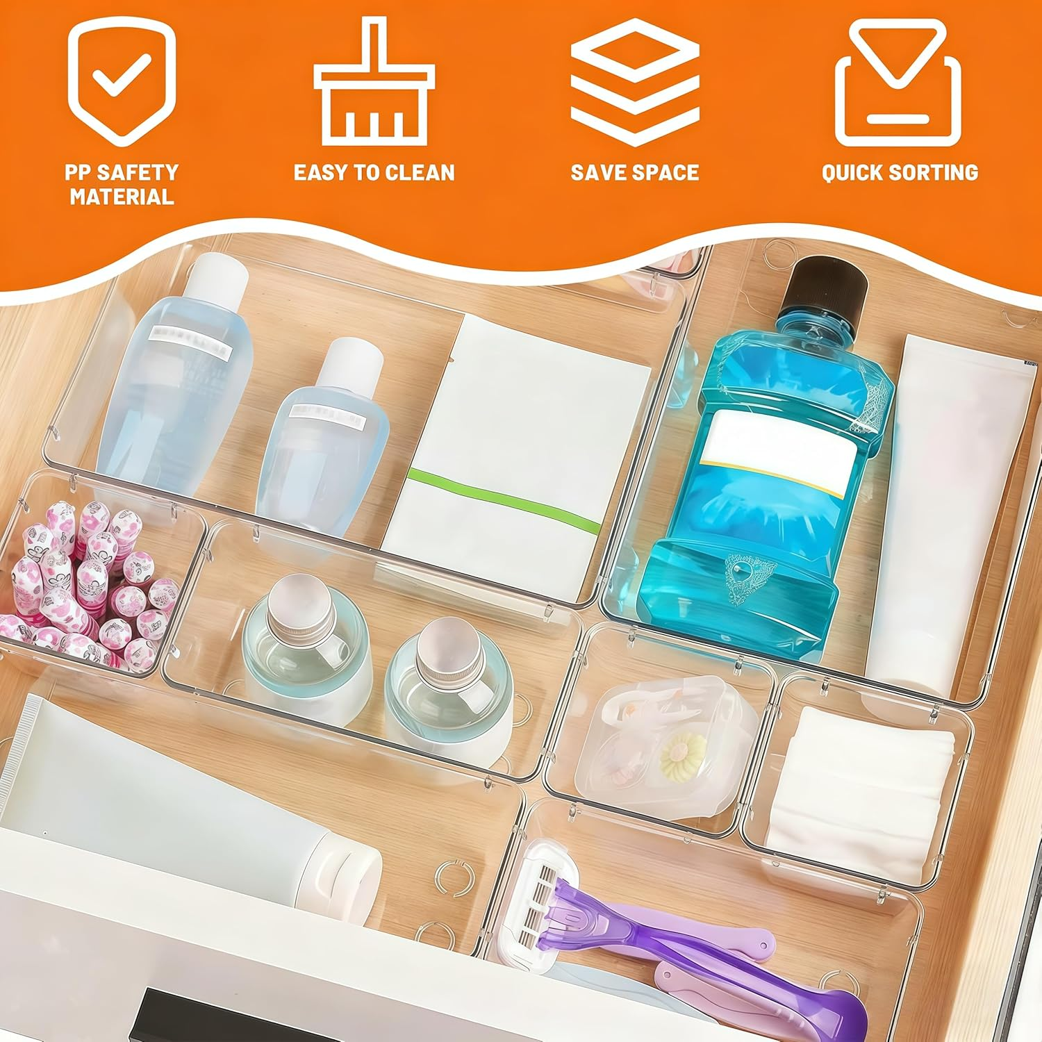 37Pcs Drawer Organisers Set, 4 Sizes Clear Plastic Drawer Organizer & Vanity Organiser for Makeup & Jewelry Storage, Kitchen Utensils & Gadgets, Desk Supplies, Bathroom & Bedroom Organisation image number 6