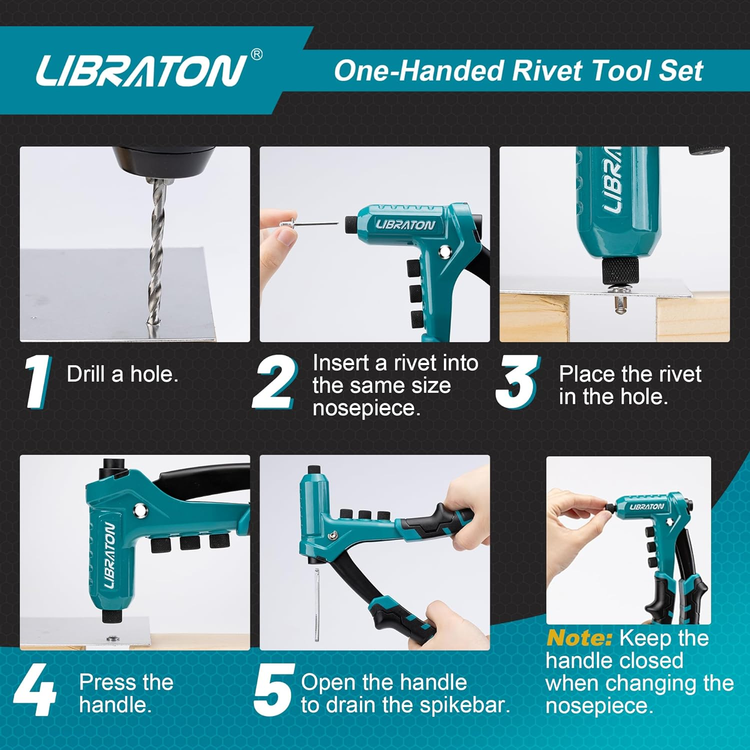 LIBRATON One-Handed Rivet Gun, Pop Rivet Gun Set, Professional Hand Riveter, Manual Riveting Tool with 200 Rivets for Metal, Includes 4 Drill Bits, 4 Tool-Free Interchangeable Heads, Storage Case image number 4