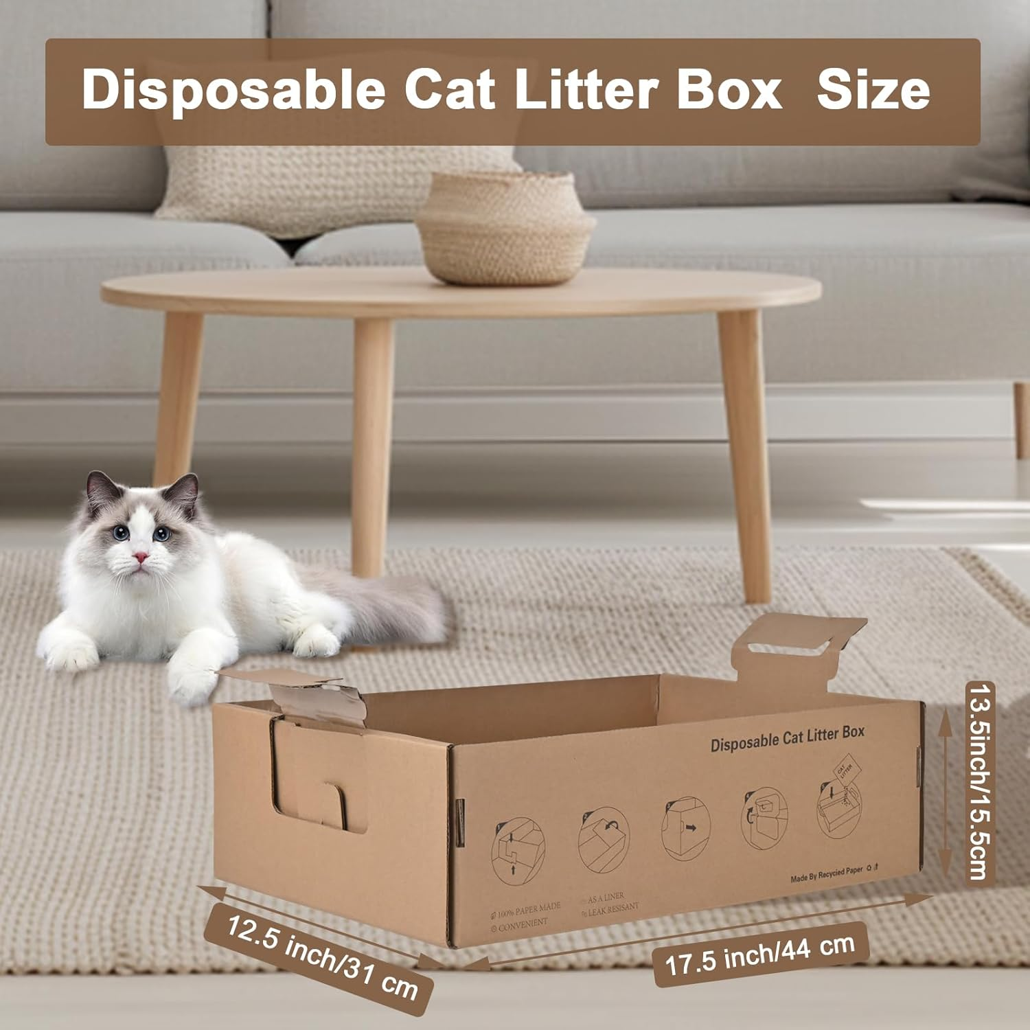 2 Pack Disposable Litter Boxes for Cats, 17.4" X 12.3" X5.4" Large Cardboard Cat Litter Box, Extra Thick Portable Travel Litter Box for Cats, Foldable, Waterproof, Leak Resistant (L, Count, 2) image number 6