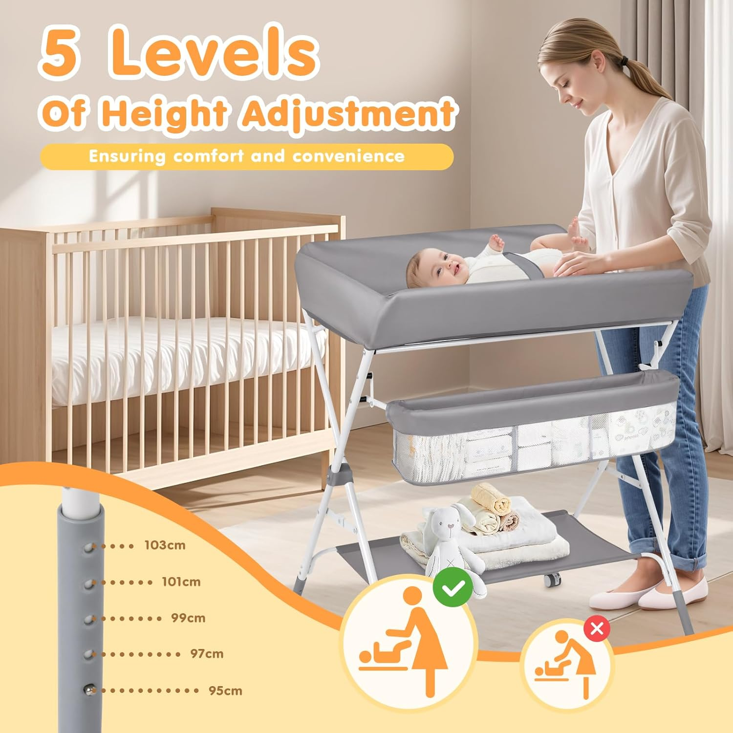 Advwin Baby Changing Table with Adjustable Height, Foldable Diaper Station with Storage Shelf, Portable Toddler Change Table for Home Nursery image number 4