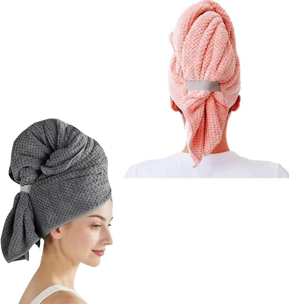 2 Pack Large Microfiber Hair Towel,Hairs Wraps for Women Wet,Fast Drying Turban,Super Absorbent Drying Towel with Elastic Strap anti Frizz Head Towels Wrap for Curly image number 1