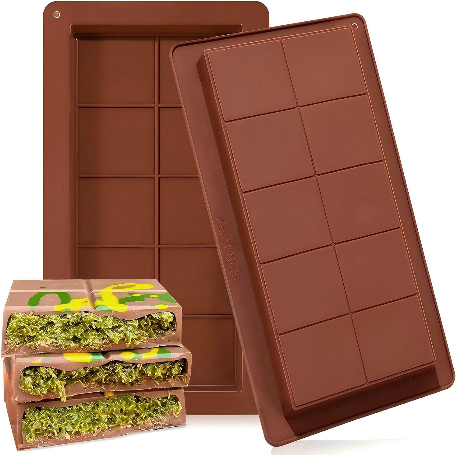 2 Pack Chocolate Bar Mold Deep Dubai 1 Inch Pistachio Chocolate Bar Silicone Thick Mold for Stuffed Bar, Home Kitchen Baking, Holiday Gifts, Wedding Parties Large Candy Bar Mold for Filling