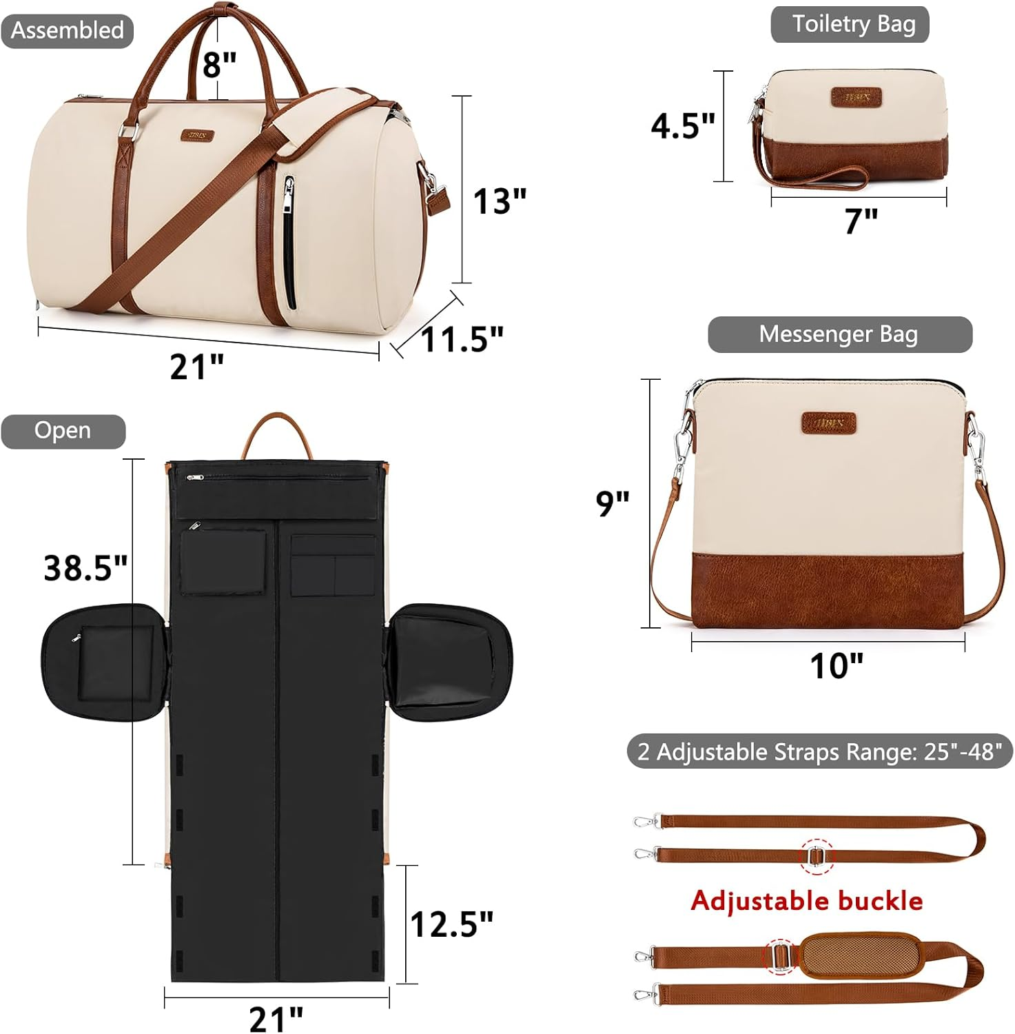 Convertible 2-In-1 Garment Bags for Travel, Carry on Garment Duffle Bag with Shoe Compartment Large Weekender Bag for Women Men Hanging Suitcase Suit Travel Duffel Overnight Bags 4Pcs Set, A-Off White - A1-Black image number 2