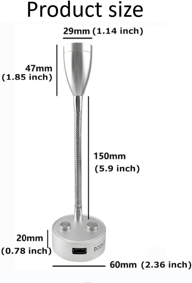 12V RV Reading Light LED Bedside Light Spotlight with 5V/2A USB Charging Port 3 CCT Touch Dimmable Flexible Gooseneck Wall Lamp for Boat, Motorhome, Camper Caravan Van Interior Lighting (White) image number 3