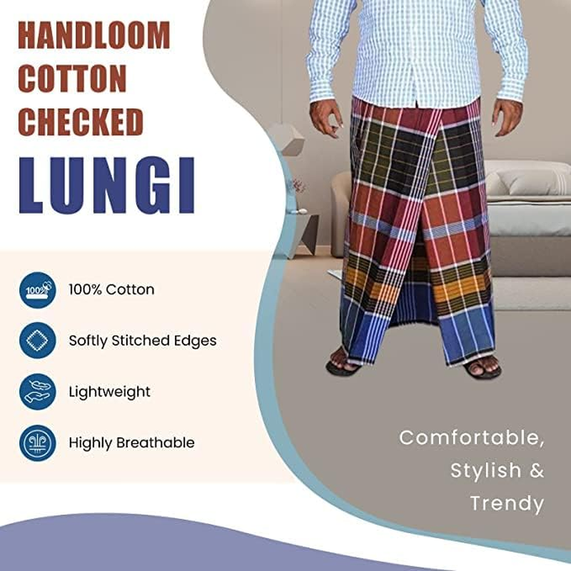 VAKRATUNDA KITCHENWARES Handloom 100% Pure Cotton Checked Lungi/Dhoti/Sarong/Wrap/Beach Wear for Mens