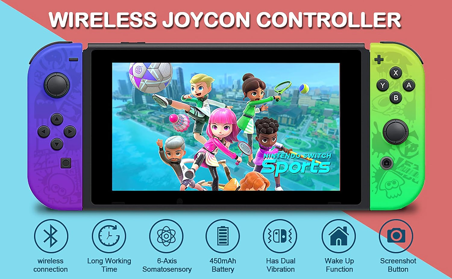 Costec Joy Con Controller for Nintendo Switch Replacement for Nintendo Switch Controller, Compatible with Switch, Wireless Left and Right Joy Con for Switch Nintendo Support Dual Vibration/Wake-Up/Screenshot, Joy Con Controller for Switch OLED Lite [Splatoon Design] Nintendo Joy Con image number 1