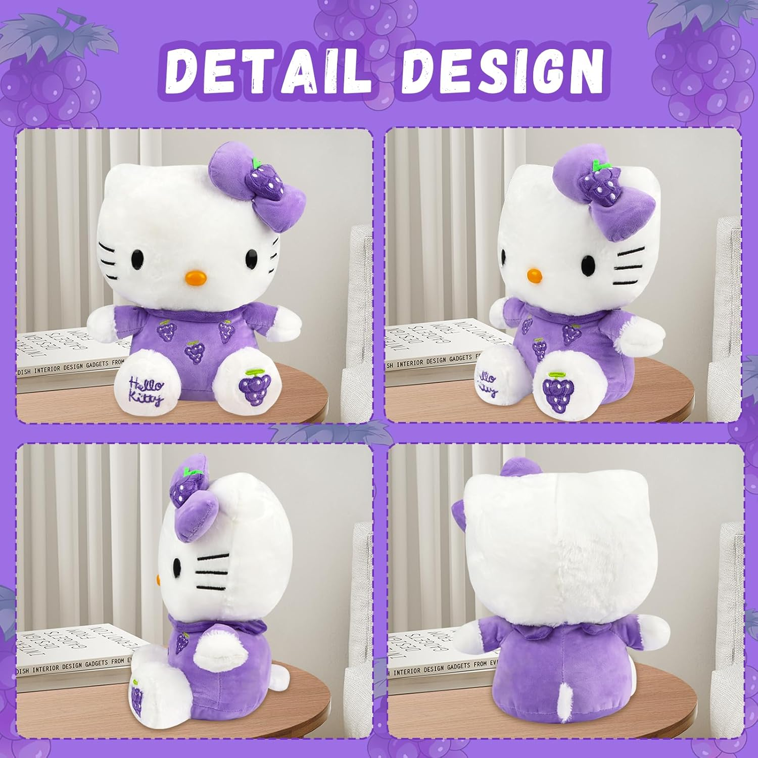 Hello-Kitty Plush Toy, Hello Kitty Cuddly Toy, 30 Cm Kawaii Cat Plush, Plush Large for Children, Plushie Toy for Girls, Birthday Party (Purple Grapes) image number 5