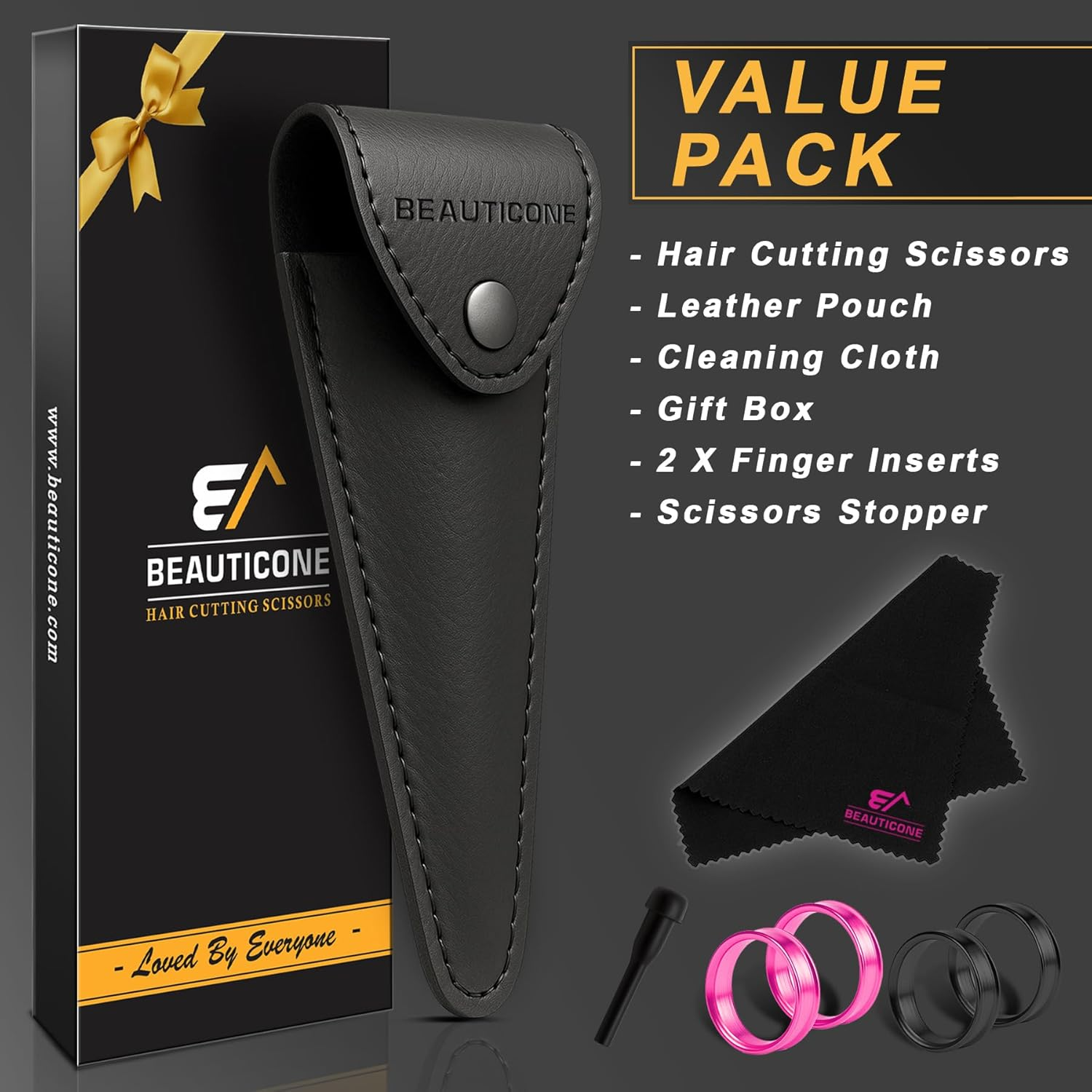 BEAUTICONE &reg; Hair Cutting Scissors - High Carbon SS 6.5" Professional Barber-Grade Salon Shears with Serrated & Razor Edge - Black Premium Gift Box with Leather Pouch & Extra Accs - Ultra Lightweight image number 3