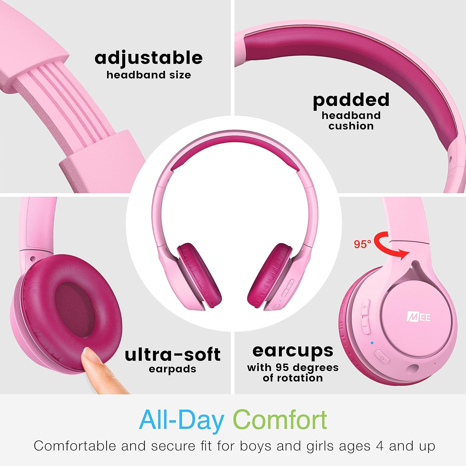 MEE Audio Kidjamz KJ45BT Children'S Safe Listening Bluetooth Wireless Headphones with Volume Limiter & Microphone, Adjustable On-Ear Kids Headset for Online Learning/School/Travel/Tablet, Pink/Magenta image number 6